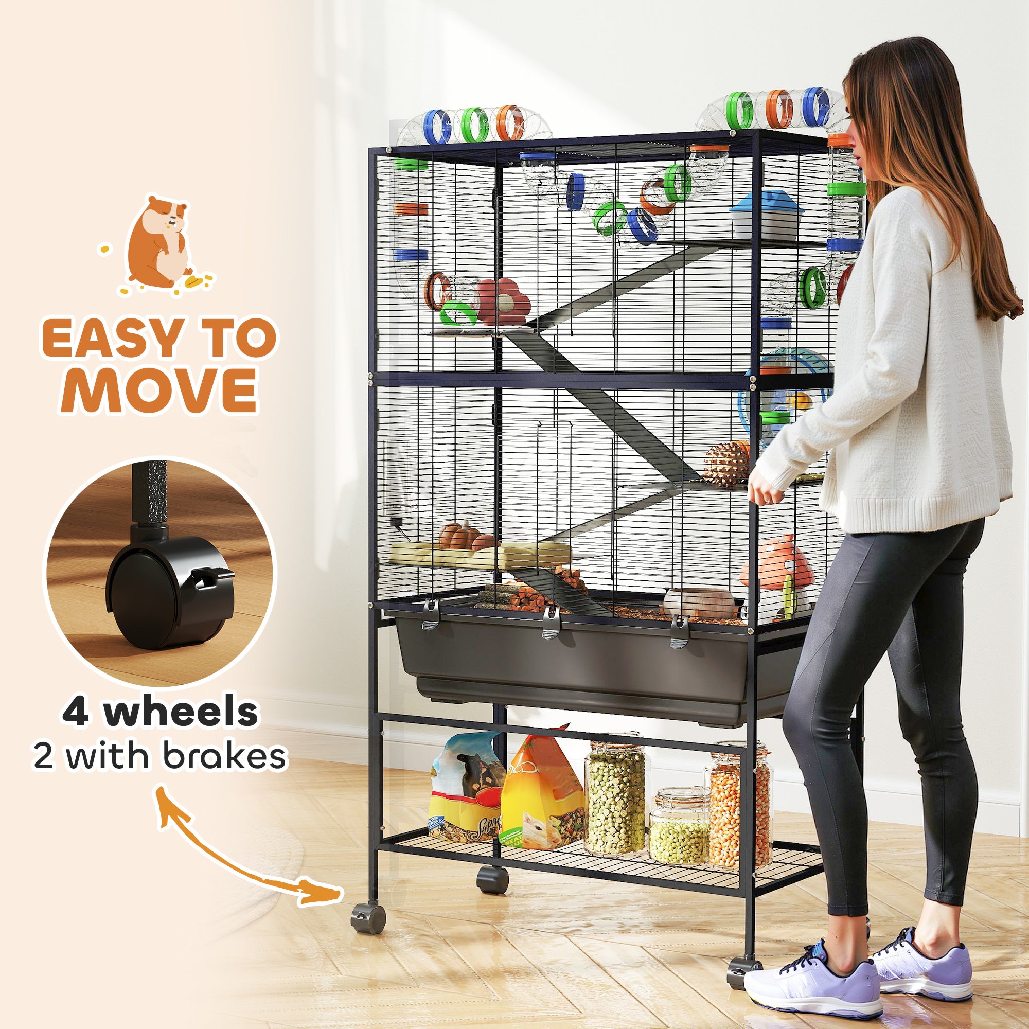 PawHut 5 Tier Large Hamster Cage on Wheels with 17 cm Deep Tray, Storage Shelf for Syrian, Gerbil, Rats - North Peak Garden Furniture