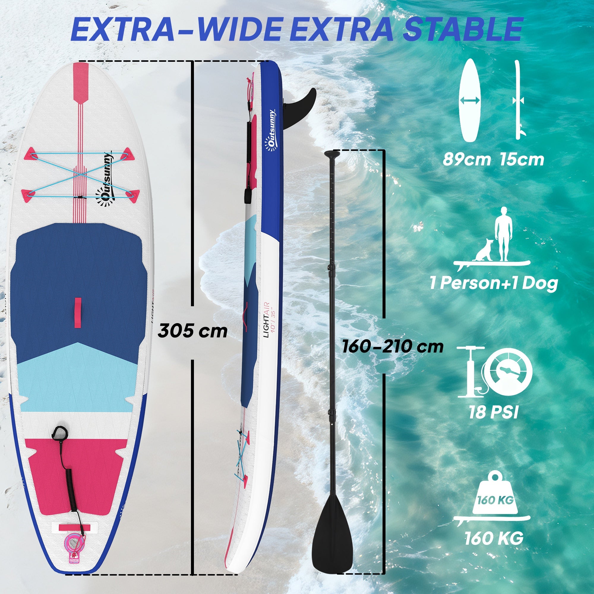 Outsunny Inflatable Stand Up Paddle Board, 305x89x15cm Extra-Wide SUP with Non-Slip EVA Deck, Adj Aluminum Paddle