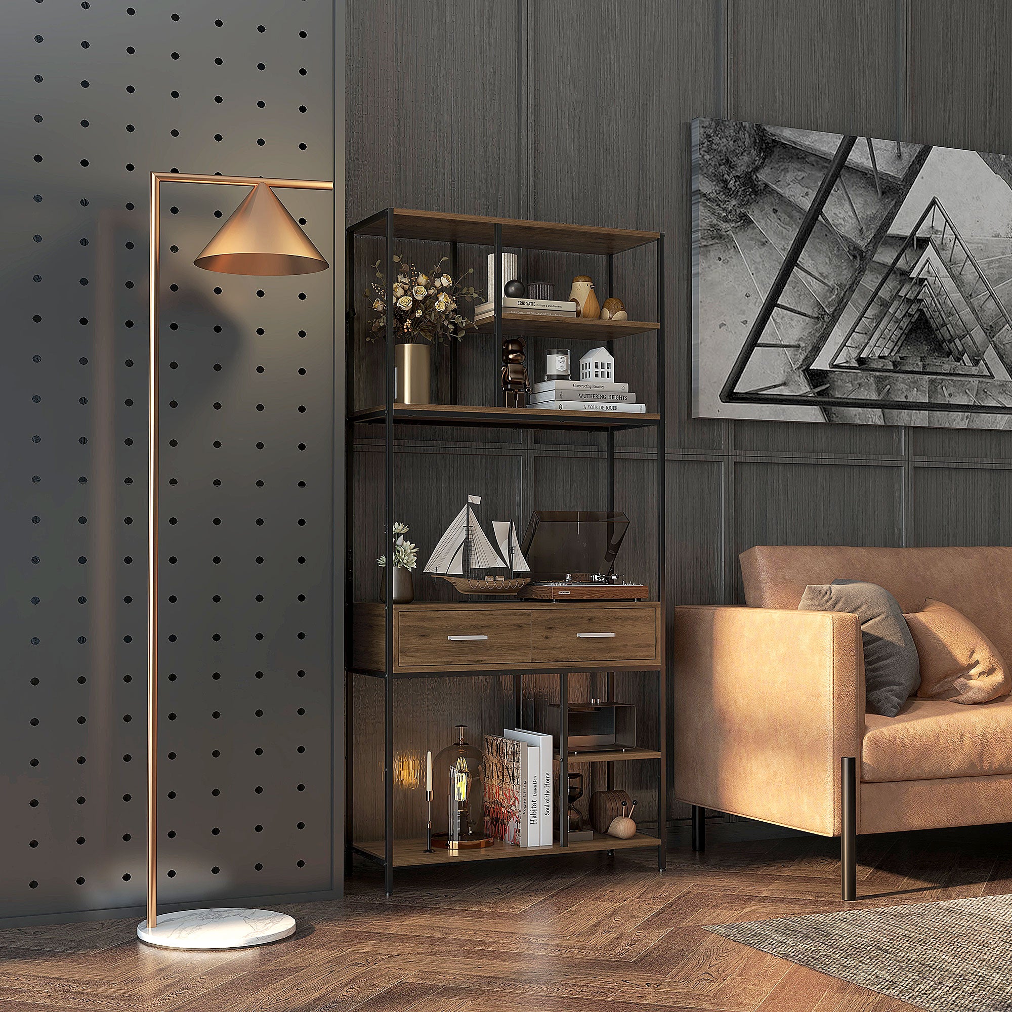 HOMCOM Seven-Shelf Industrial Display Shelf, with Drawers - Brown/Black - North Peak Garden Furniture