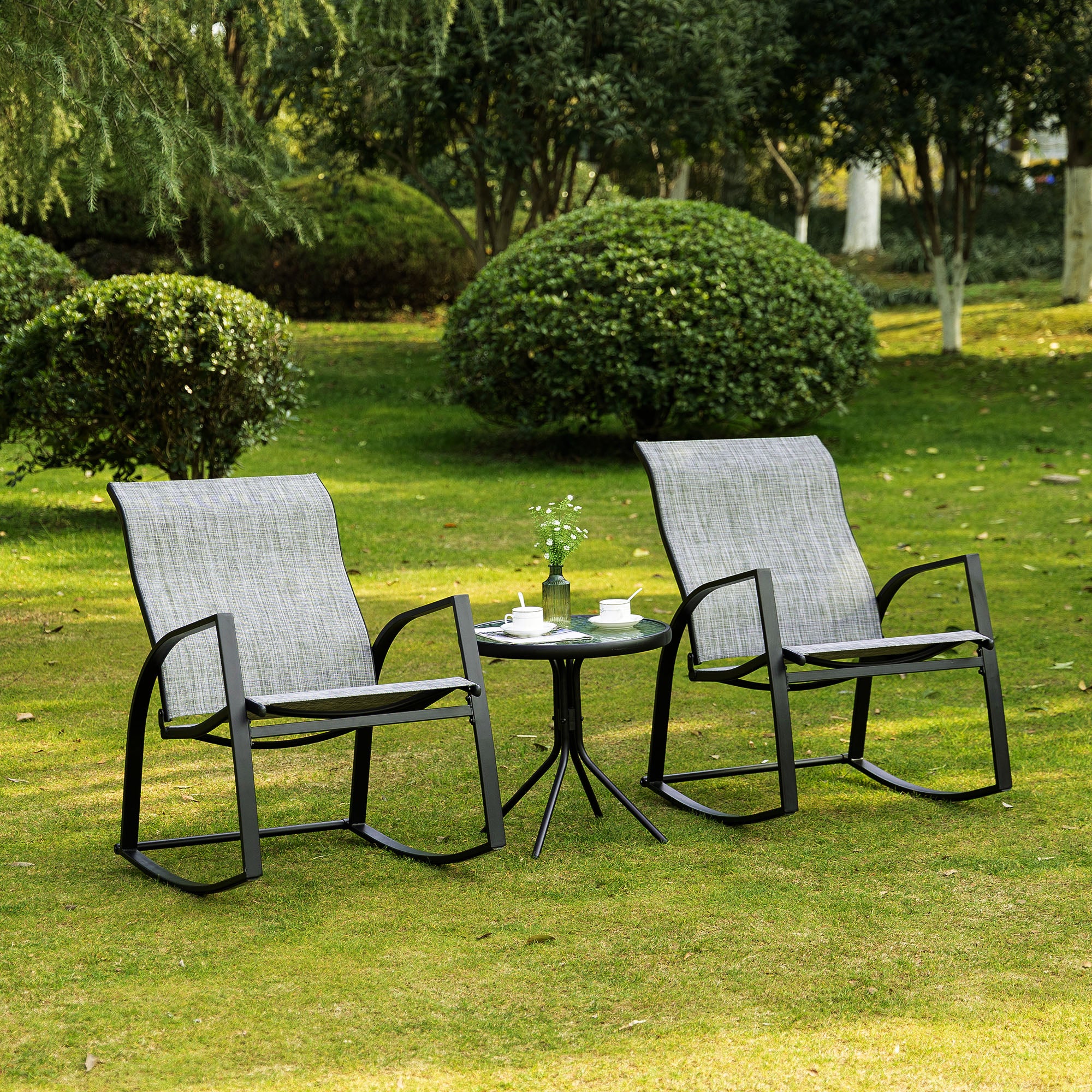 Outsunny Patio Bistro Set: 2 Rocking Chairs & Tempered Glass Table, Ideal for Garden & Poolside, Grey |