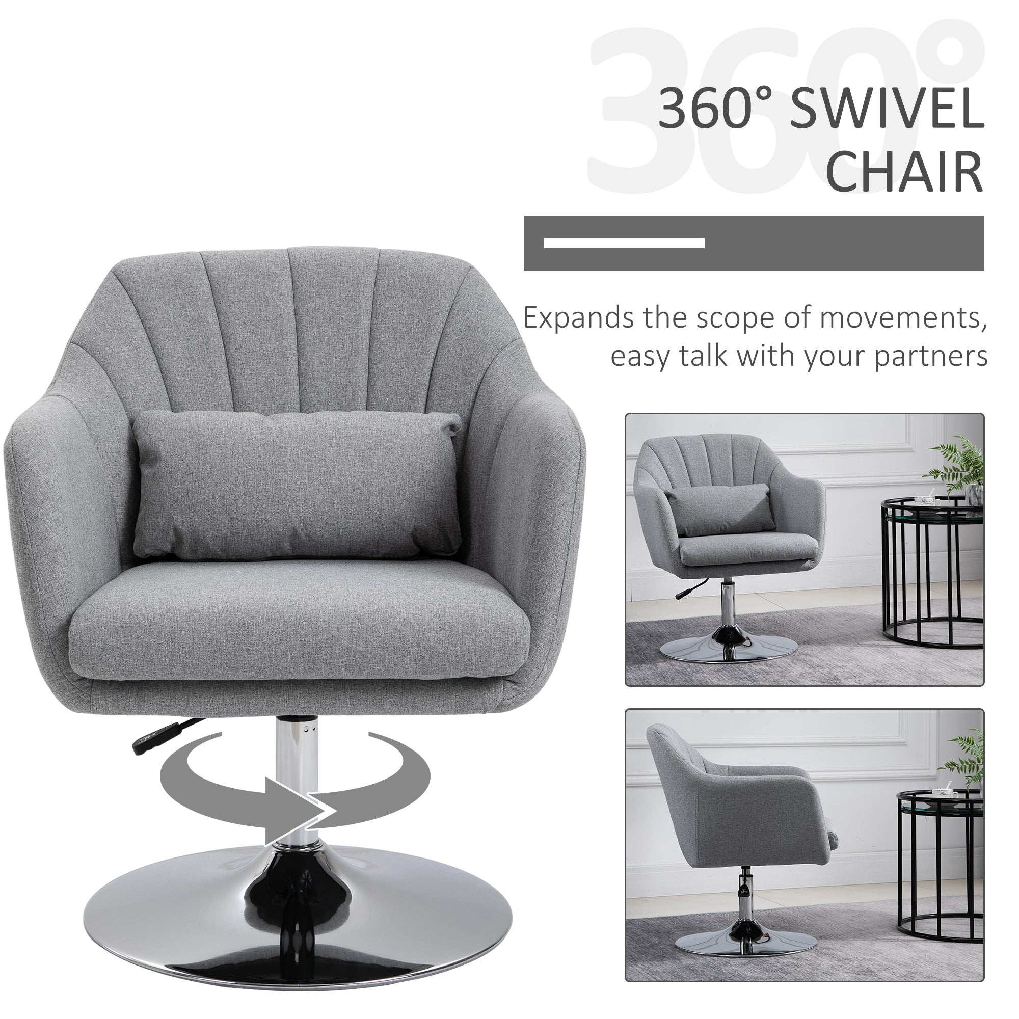 HOMCOM Swivel Linen Fabric Accent Chair for Living Room Contemporary Vanity Armchair with Adjustable Height Thick Cushion Lumbar Support Armrest for Bedroom Office Light Grey - North Peak Garden Furniture
