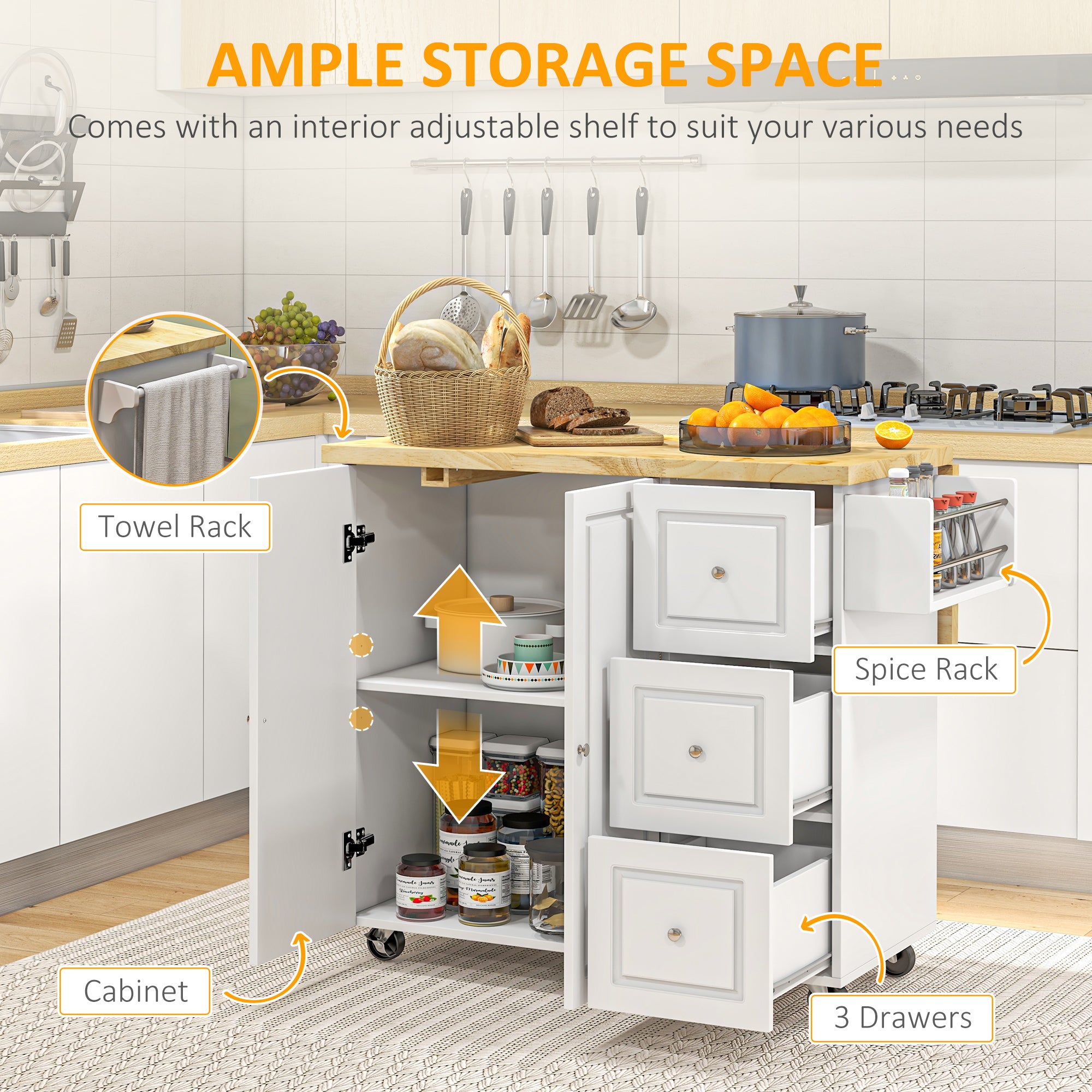 HOMCOM Drop-Leaf Kitchen Island on Wheels Utility Storage Cart with Drawers & Cabinet for Kitchen, Dining & Living Room - North Peak Garden Furniture