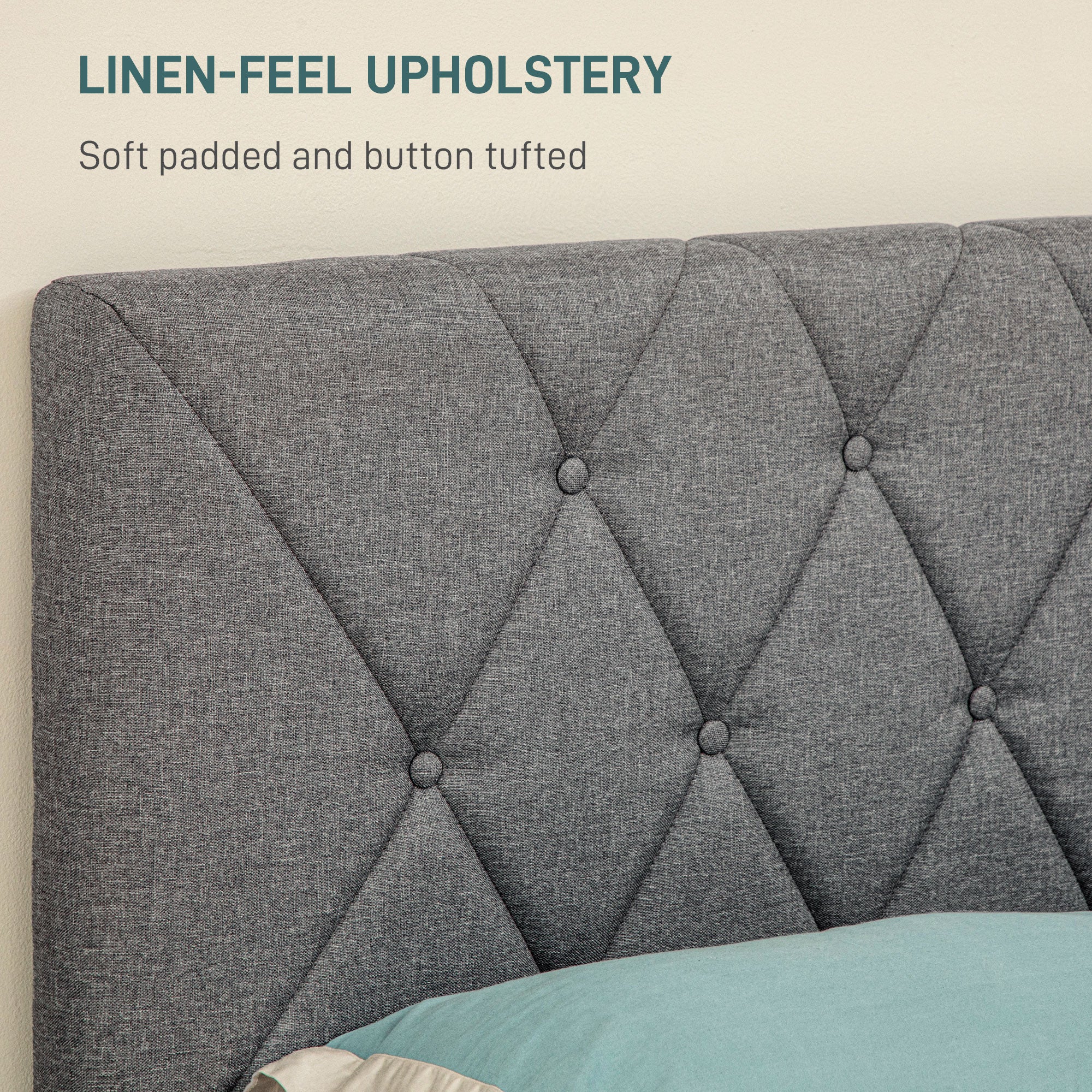 HOMCOM Double Bed Frame with 5-Level Adjustable Linen Upholstered Headboard, Wooden Slats Mattress Foundation, No Box Spring Needed, Grey - North Peak Garden Furniture