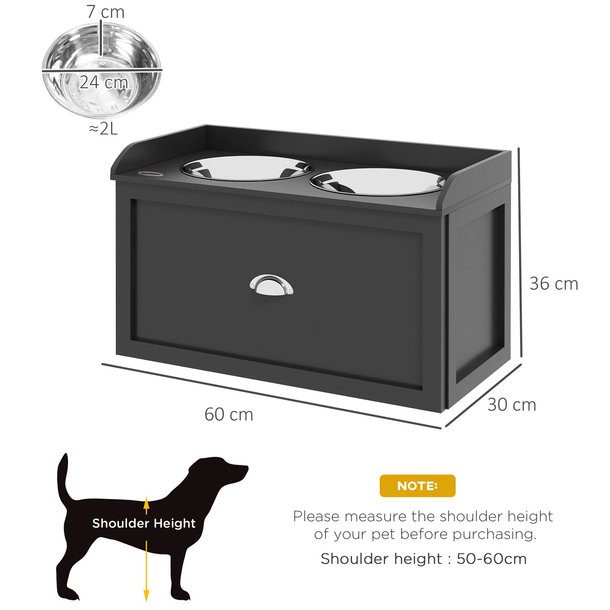 PawHut Stainless Steel Raised Dog Bowls, with 21L Storage Drawer for Large Dogs and Cats - Black - North Peak Garden Furniture
