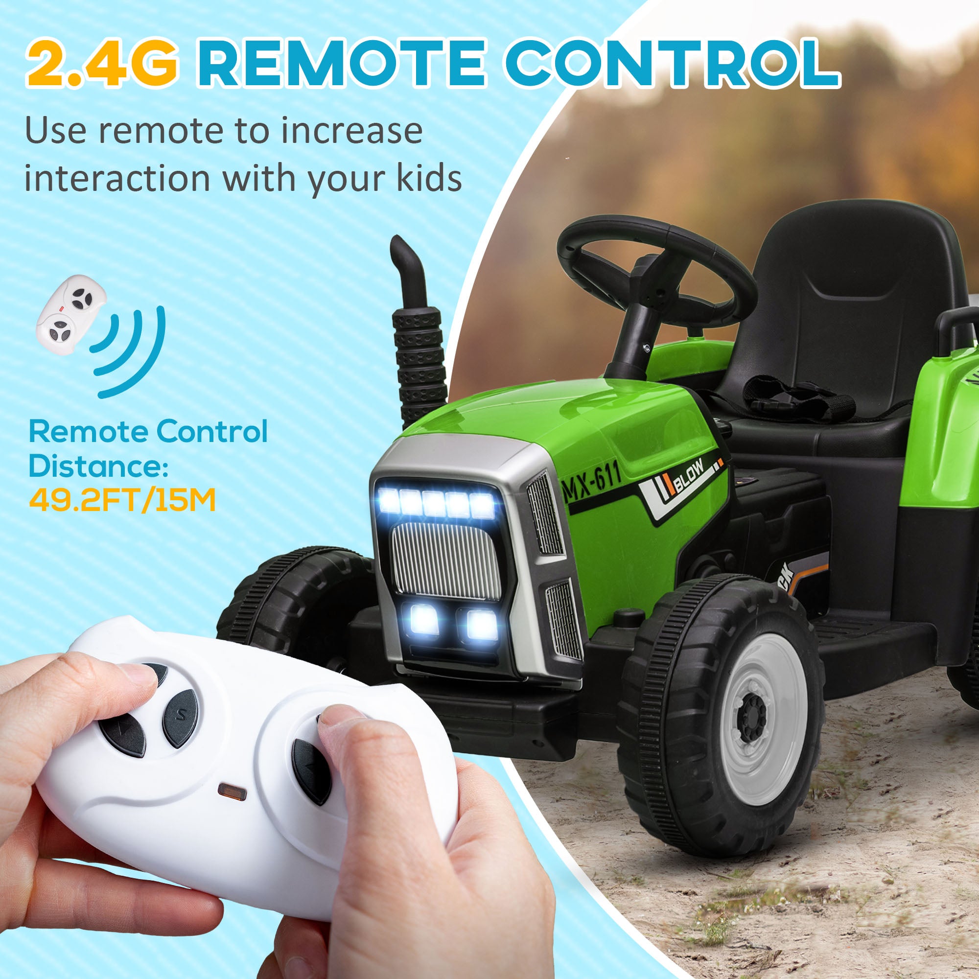 HOMCOM Ride On Tractor, Battery Powered Electric Car, with Detachable Trailer, Remote Control, Music - Green - North Peak Garden Furniture