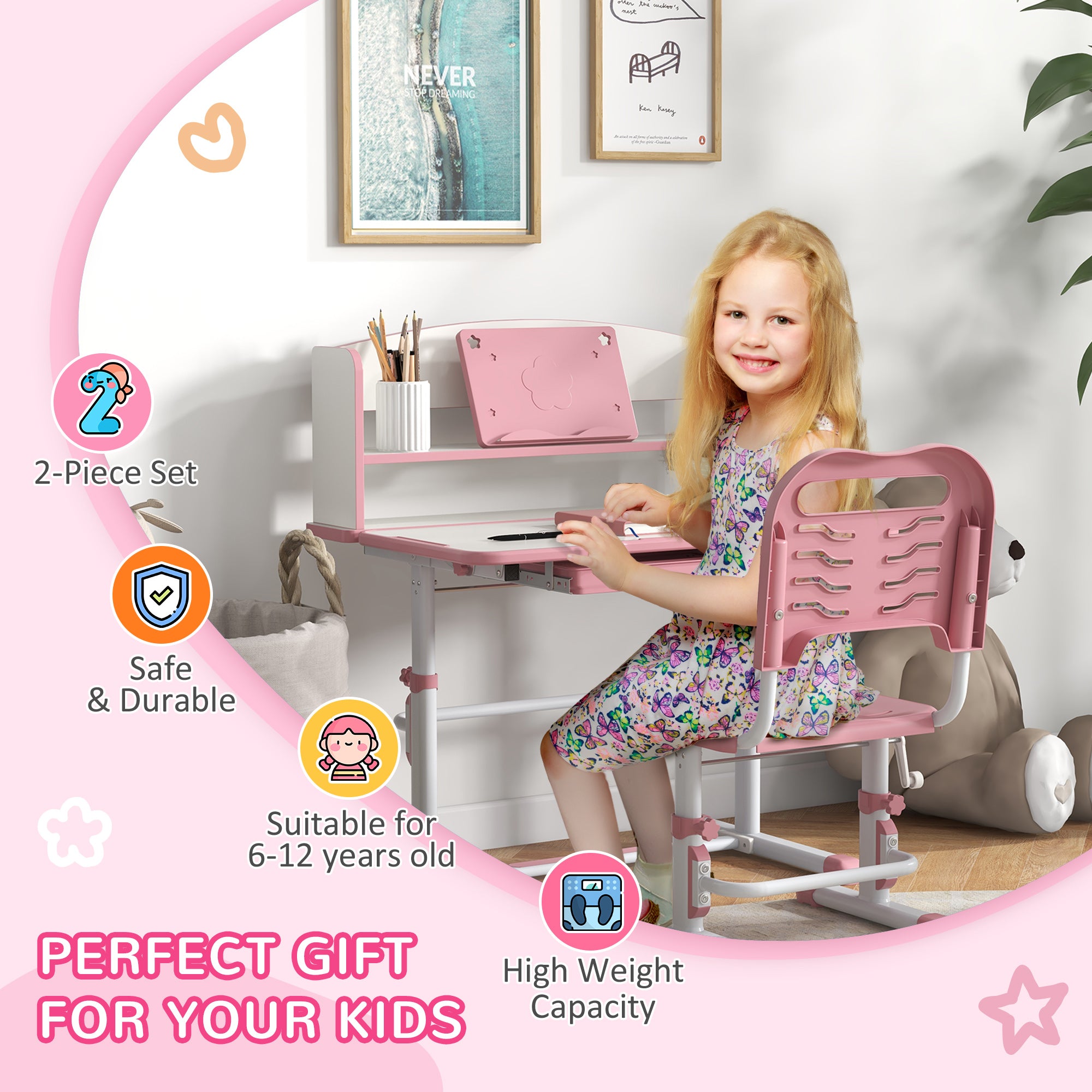 ZONEKIZ Height Adjustable Kids Study Table and Chair Set, with Drawer, Storage Shelf, 80 x 54.5 x 104 cm, Pink - North Peak Garden Furniture