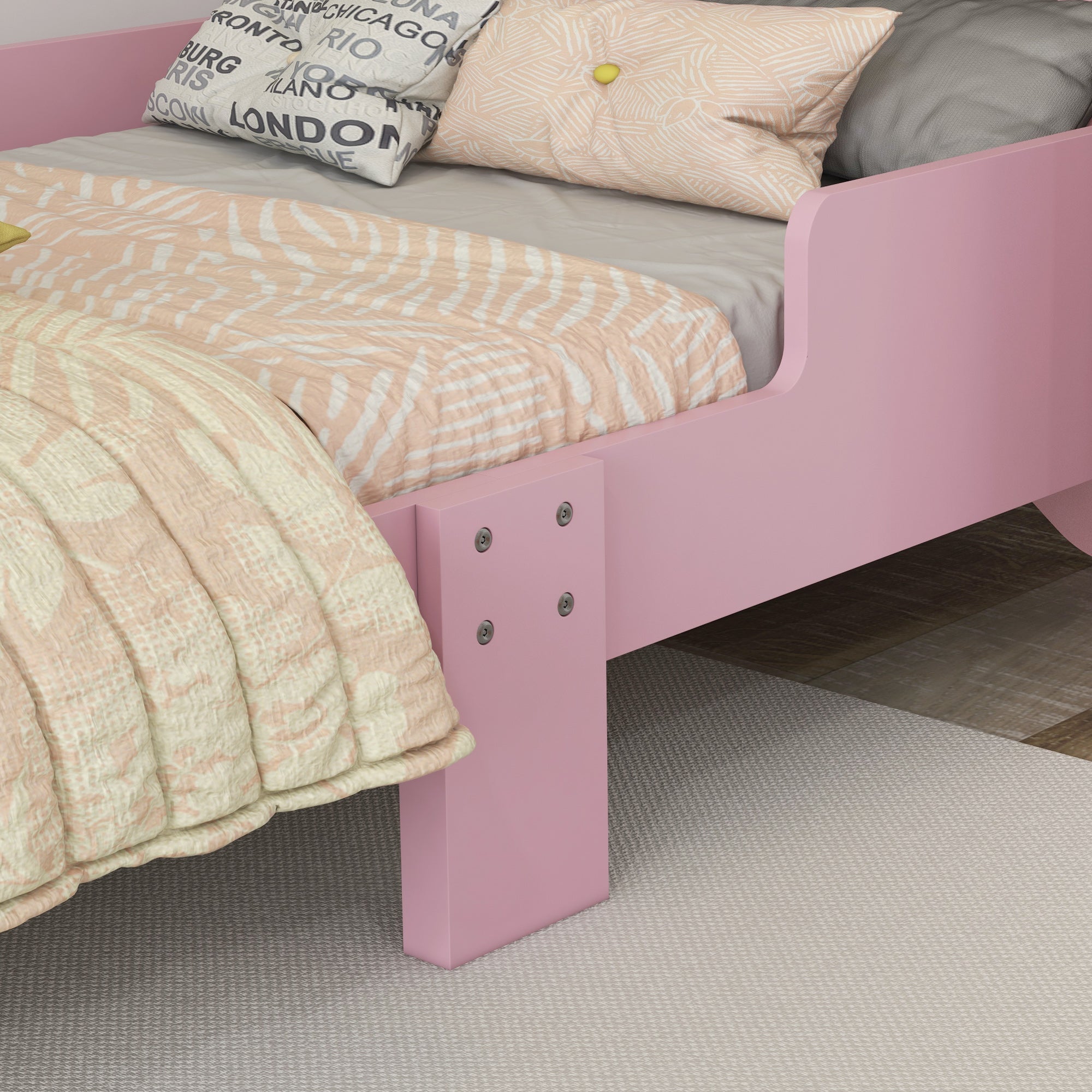 ZONEKIZ Bed for Kids Cat Design Toddler Bed Frame Bedroom Furniture with Guardrails, for 3-6 Years, 143L x 74W x 72Hcm - Pink - North Peak Garden Furniture