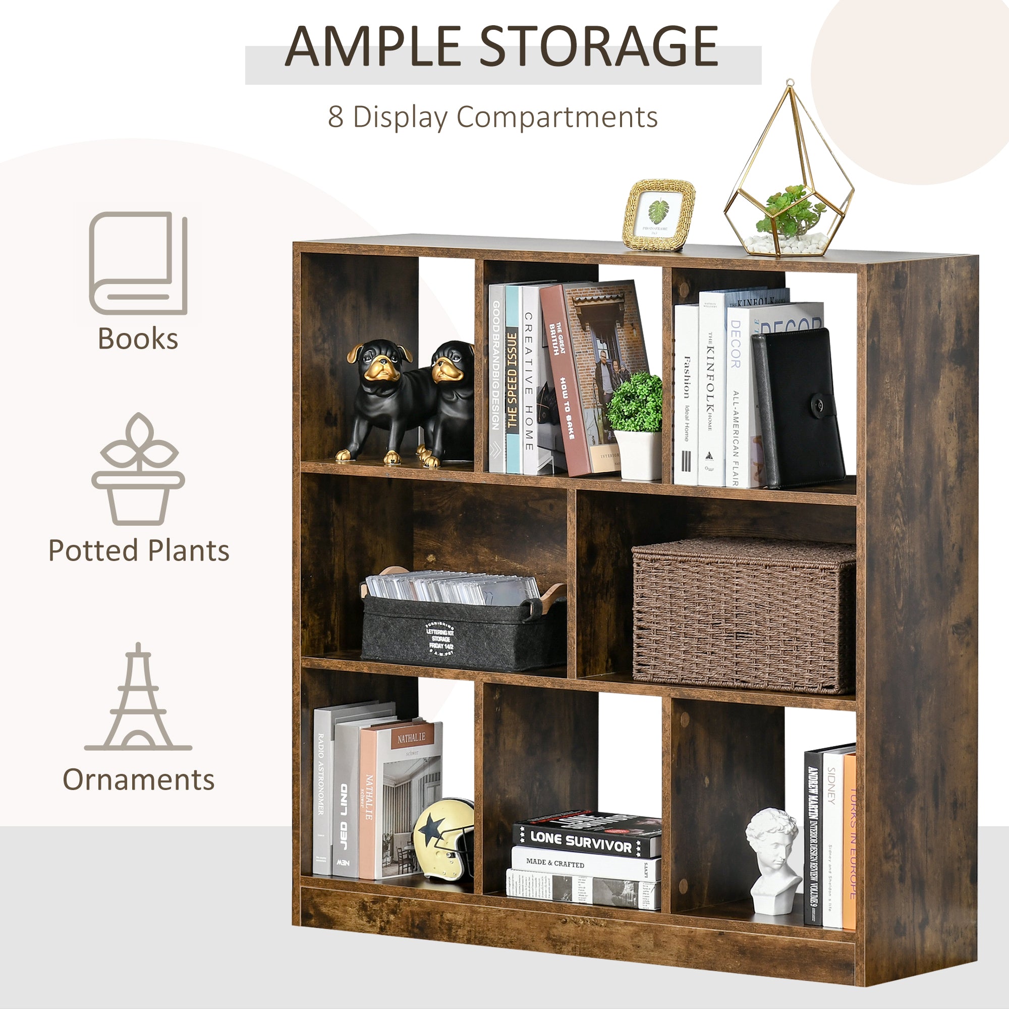 HOMCOM Storage Shelf 3-Tier Bookcase Display Rack Home Organizer for Home Office, Living Room, Playroom, Rustic Brown - North Peak Garden Furniture