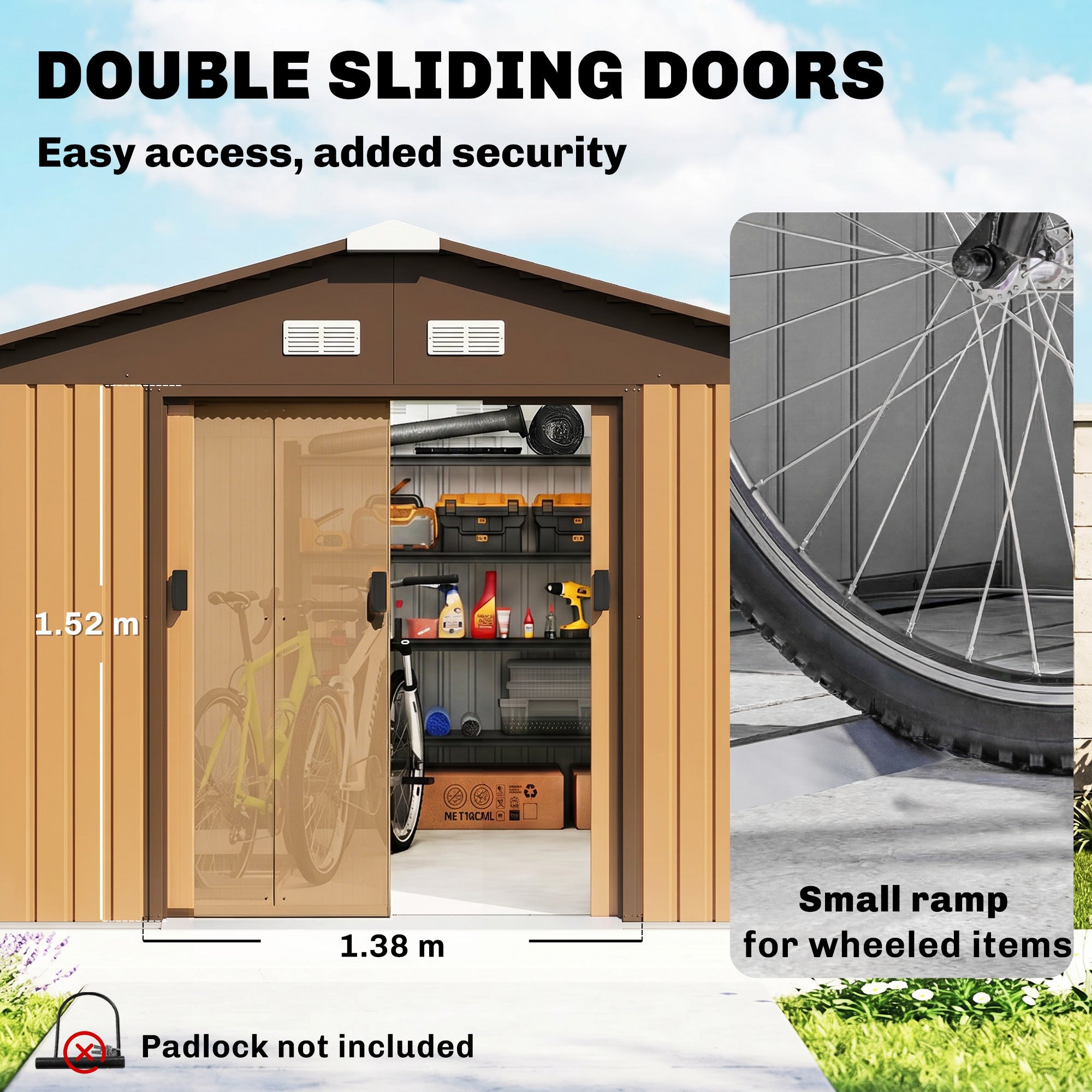 Outsunny 13 x 11ft Metal Garden Shed, Outdoor Storage Tool House with Ventilation Slots, Foundation Kit and Lockable Double Doors, Yellow