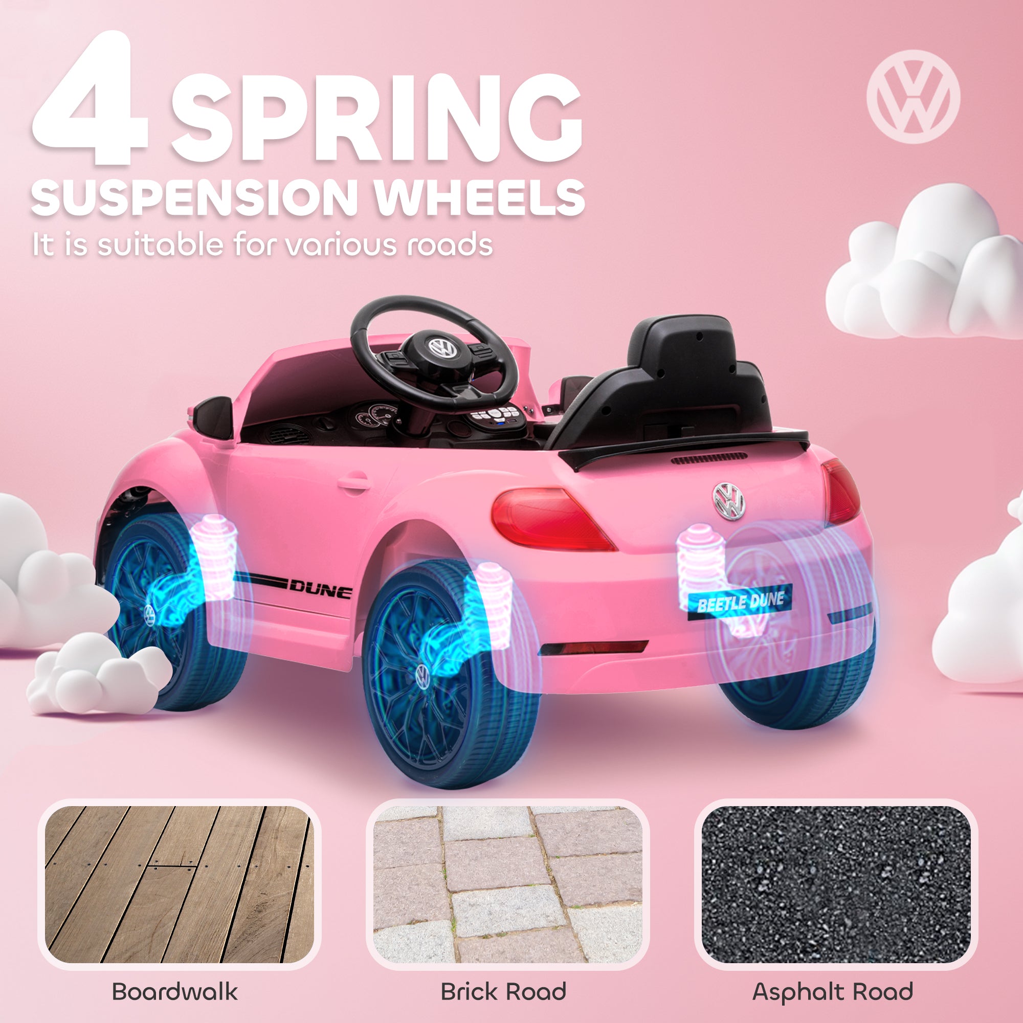 AIYAPLAY Volkswagen Beetle Licensed 12V Ride on Car w/ Remote Control, Suspension Wheels, Soft Start, Lights, Music, Pink - North Peak Garden Furniture