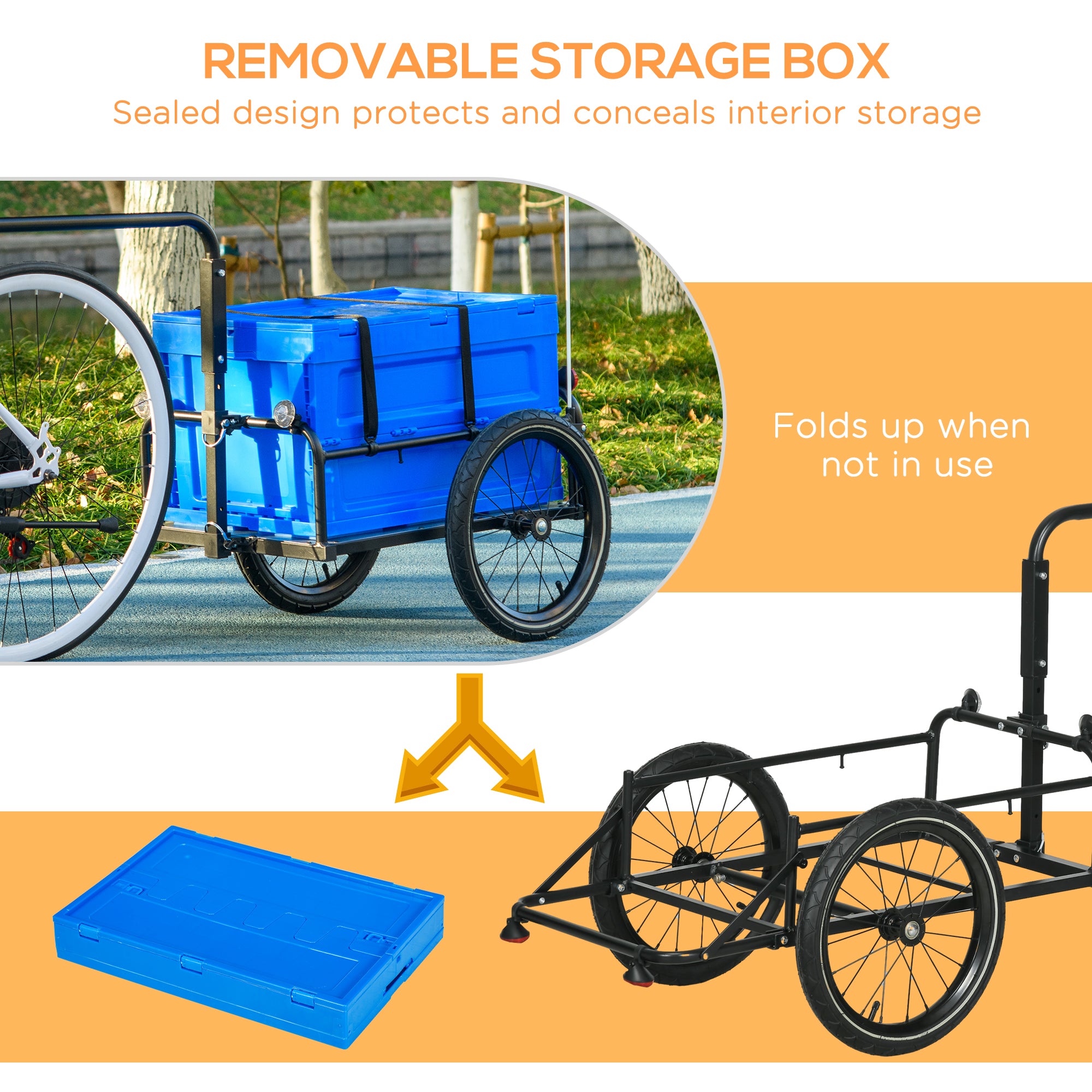 HOMCOM Steel Trailer for Bike, Bicycle Cargo Trailer with 65L Foldable Storage Box and Safe Reflectors, Max Load 40KG, Blue - North Peak Garden Furniture