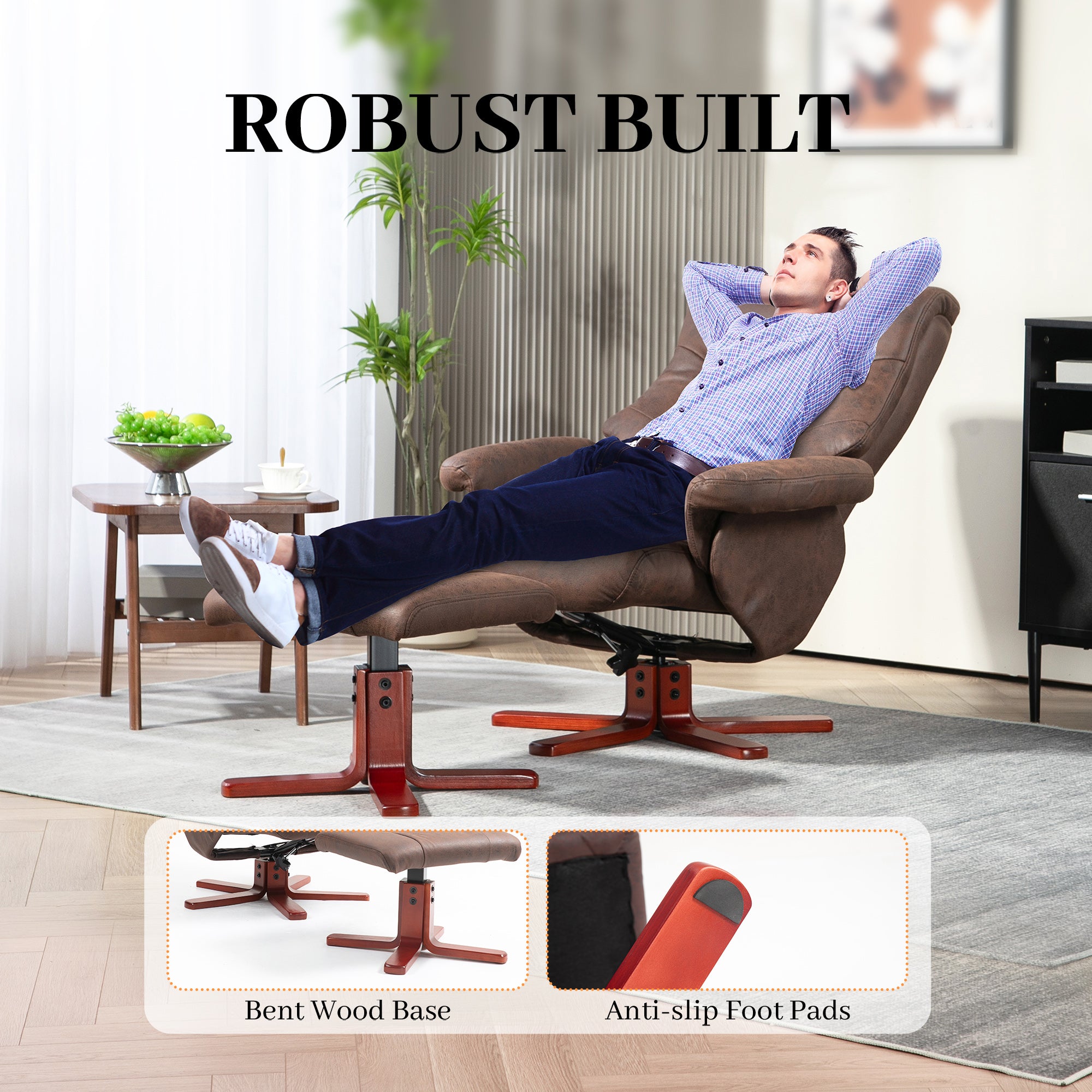 HOMCOM Faux Microfibre Leather Manual Recliner and Footstool Set - Dark Brown - North Peak Garden Furniture
