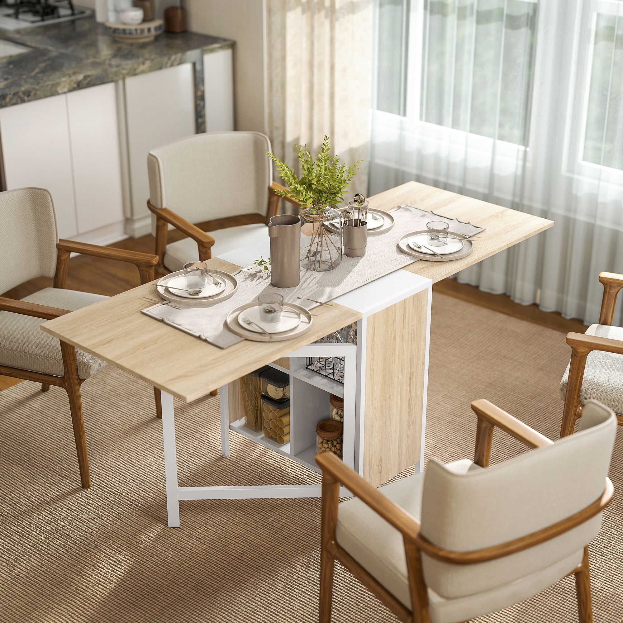 HOMCOM Foldable Drop Leaf Dining Table Folding Workstation for Small Space with Storage Shelves Cubes Oak & White