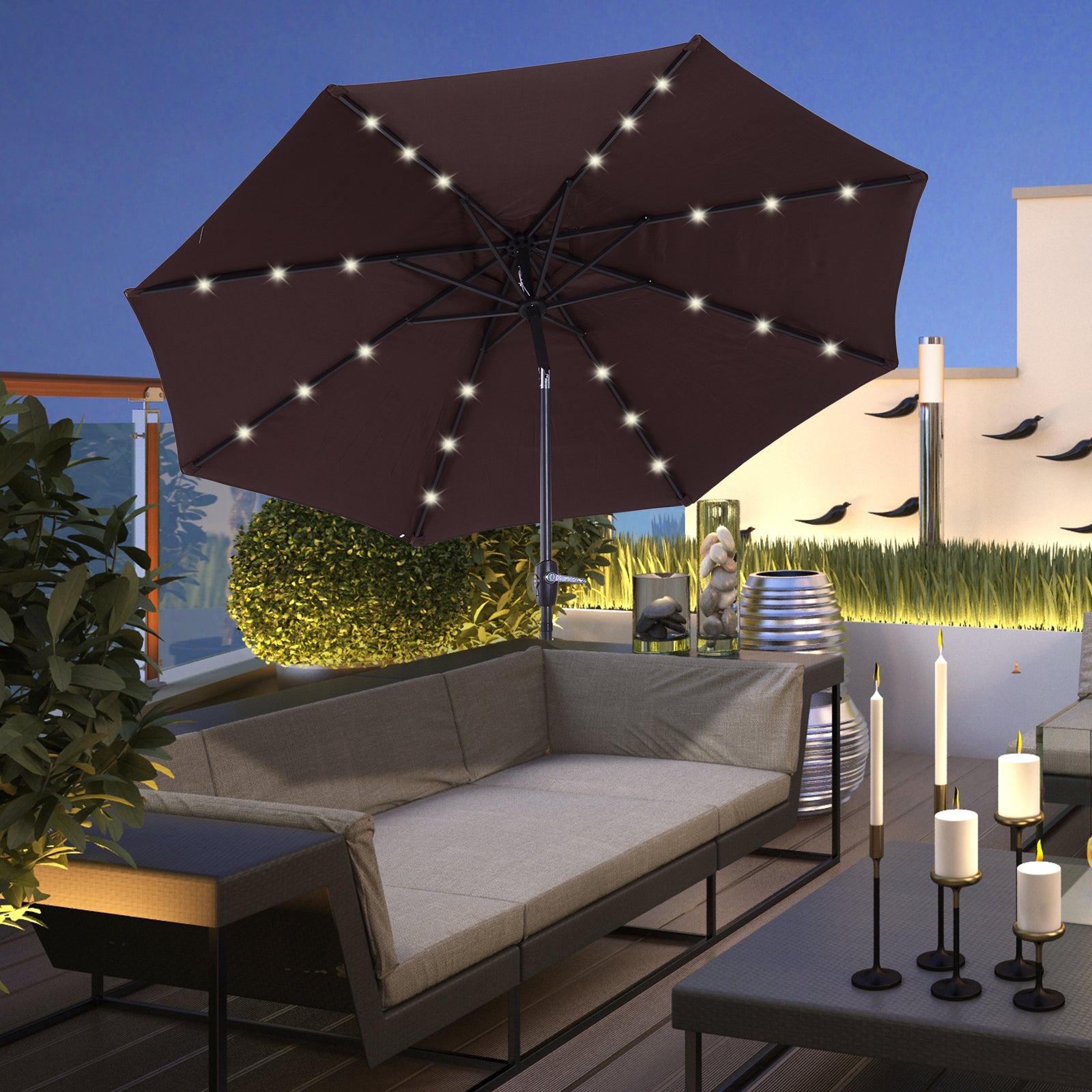Outsunny Φ2.7m Garden 24 LED Light Parasol Solar Outdoor Tilt Sun Umbrella Patio Club Party Event Manual Sun Shade w/ Hand Crank and 8 Ribs, Brown - North Peak Garden Furniture