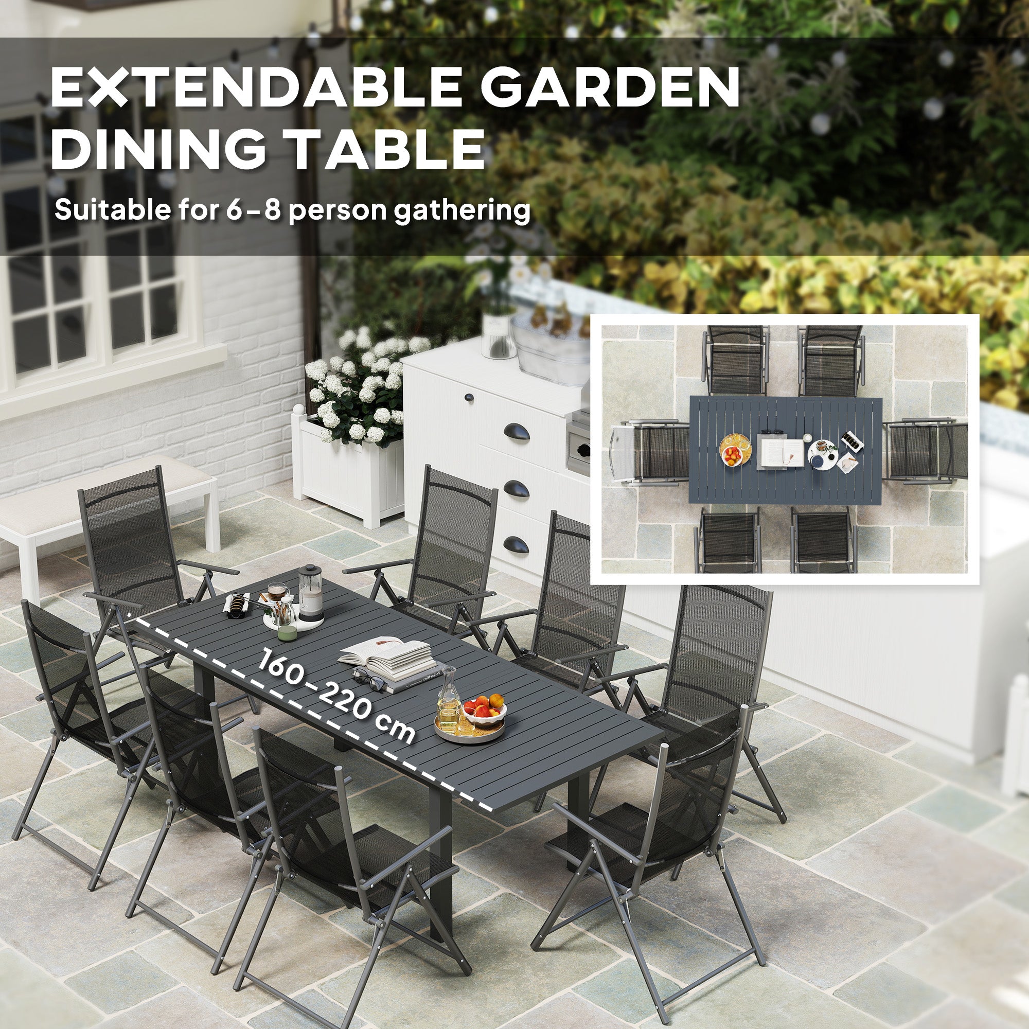 Outsunny Aluminium Extending Garden Table with Slatted Top for 6-8 Person, 160/220 x 90 x 73 cm, Grey - North Peak Garden Furniture