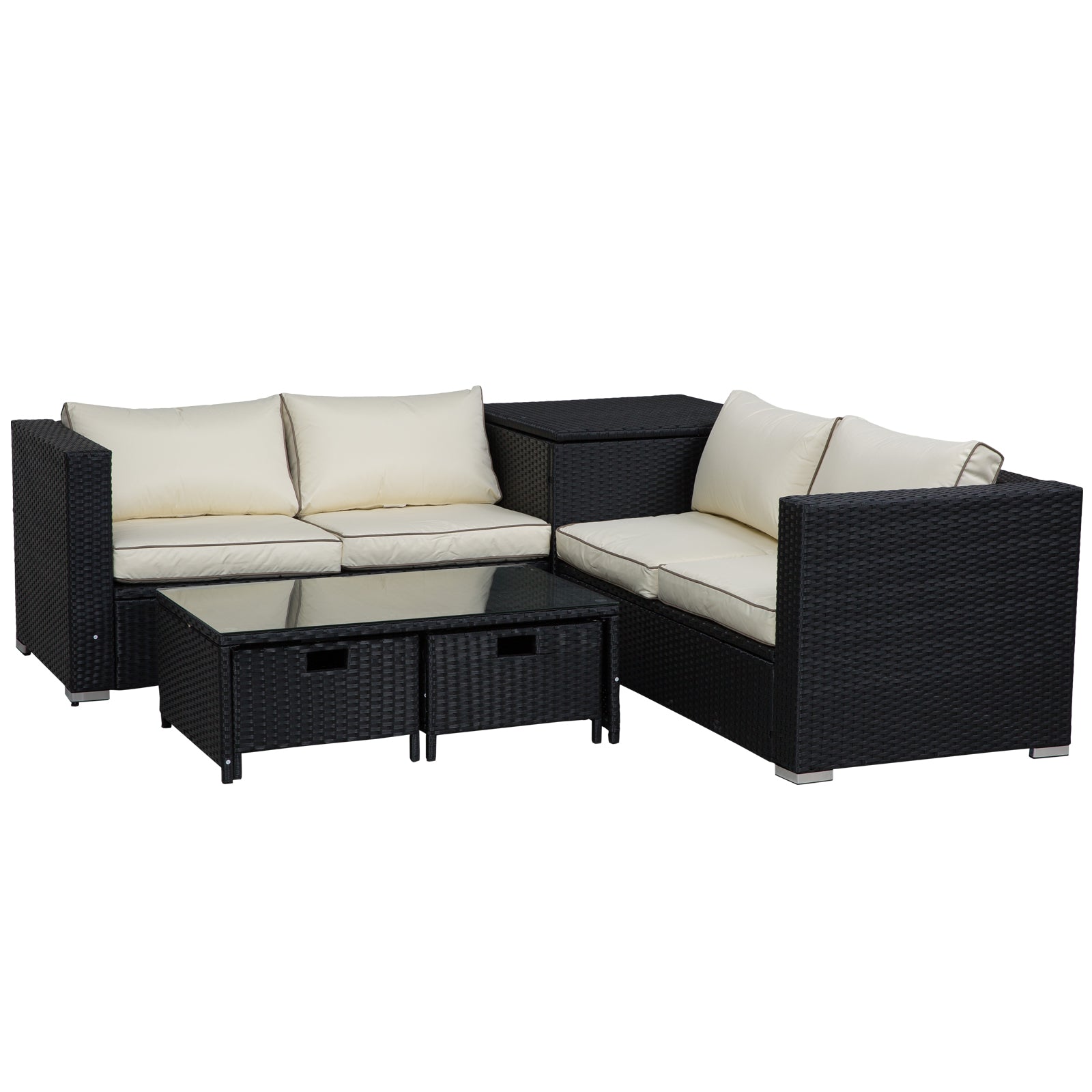 Outsunny 4 Pcs Rattan Wicker Garden Furniture Patio Sofa Storage & Table Set w/ 2 Drawers Coffee Table,Great Cushioned 4 Seats Corner Sofa - Black - North Peak Garden Furniture