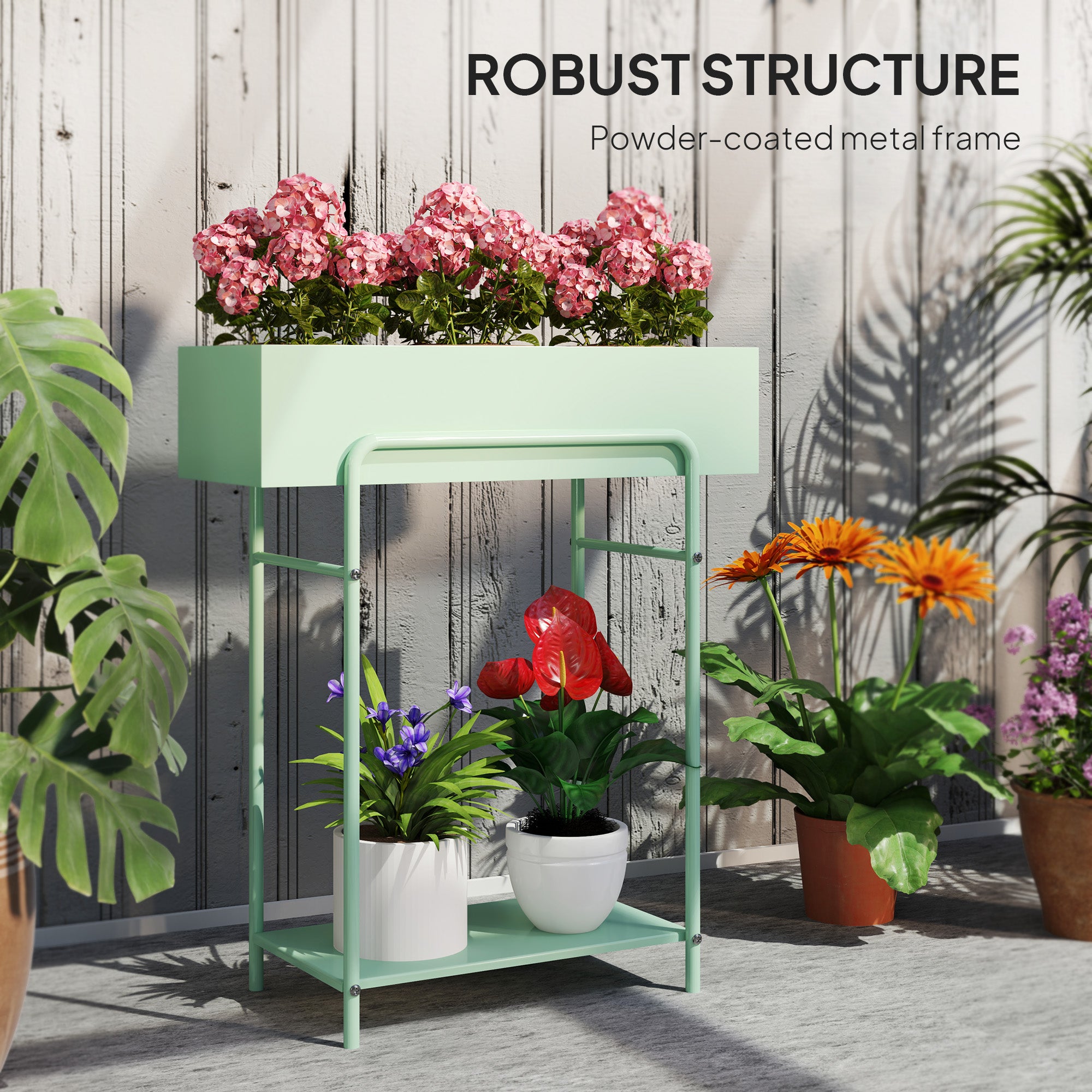Outsunny 2 Tier Plant Stand, Metal Plant Rack Shelf with Drain Holes, Floor-standing Flower Pot Stand for Indoor Outdoor Garden Patio Balcony Living Room, Green - North Peak Garden Furniture