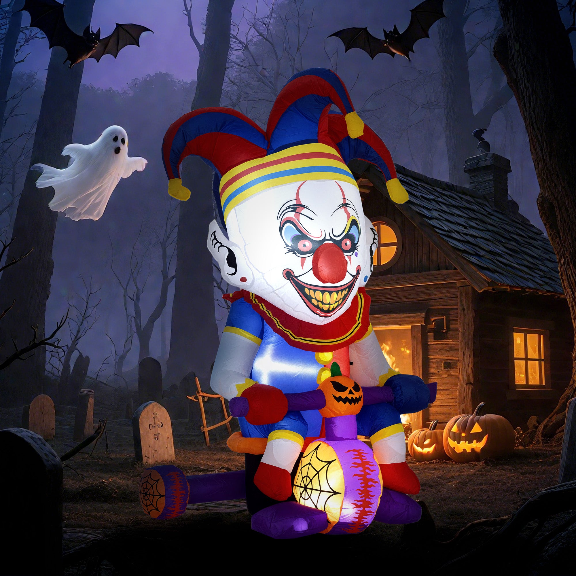 Outsunny 4ft Halloween Inflatable Clown on Bicycle, Blow Up Outdoor Halloween Decoration with 3 Built-in LED Lights for Garden, Party Indoor Outdoor