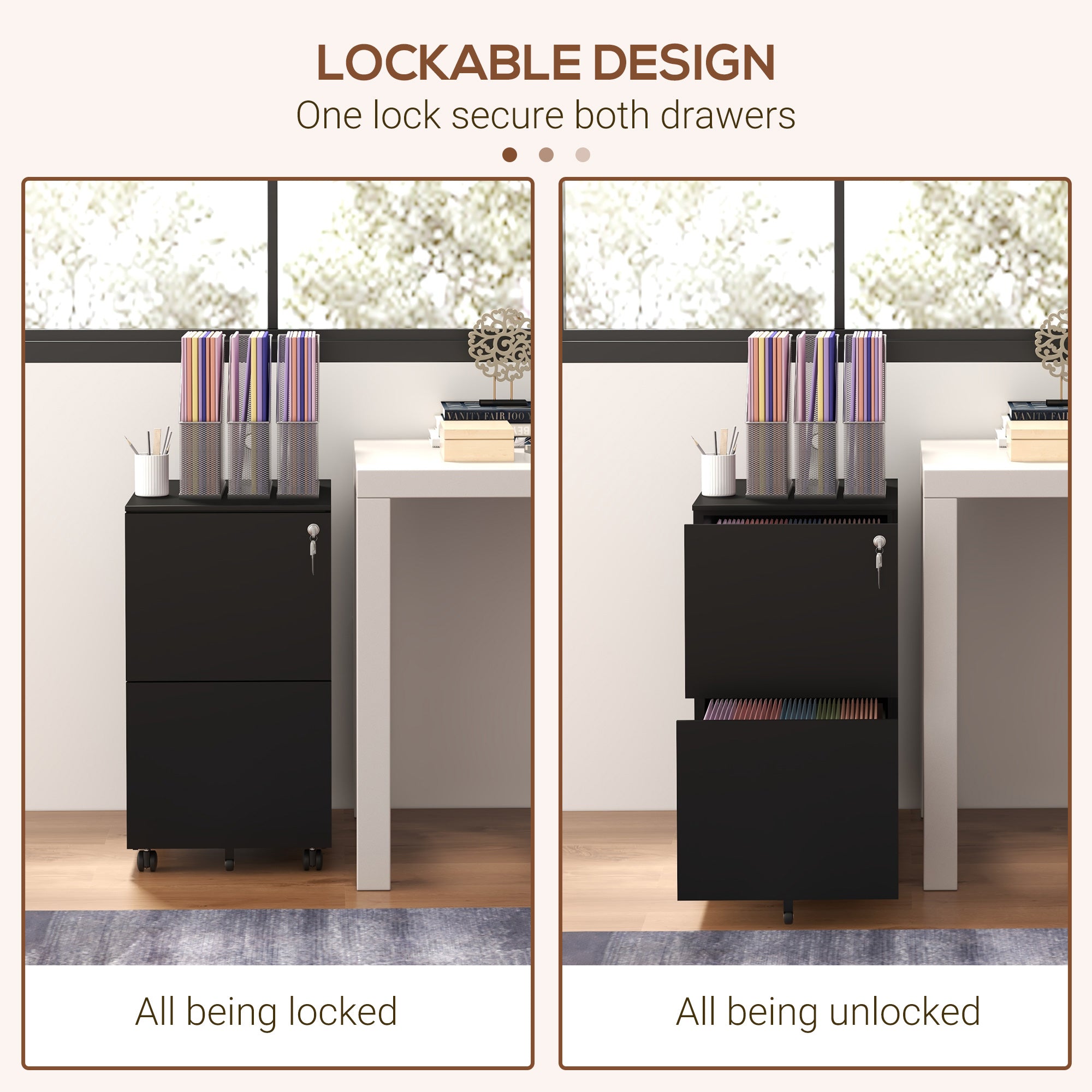 Vinsetto 2-Drawer Vertical Filing Cabinet with Lock and 5 Wheels, Steel Mobile File Cabinet, for A4, Legal and Letter Size, Pre-Assembled Body, Black - North Peak Garden Furniture