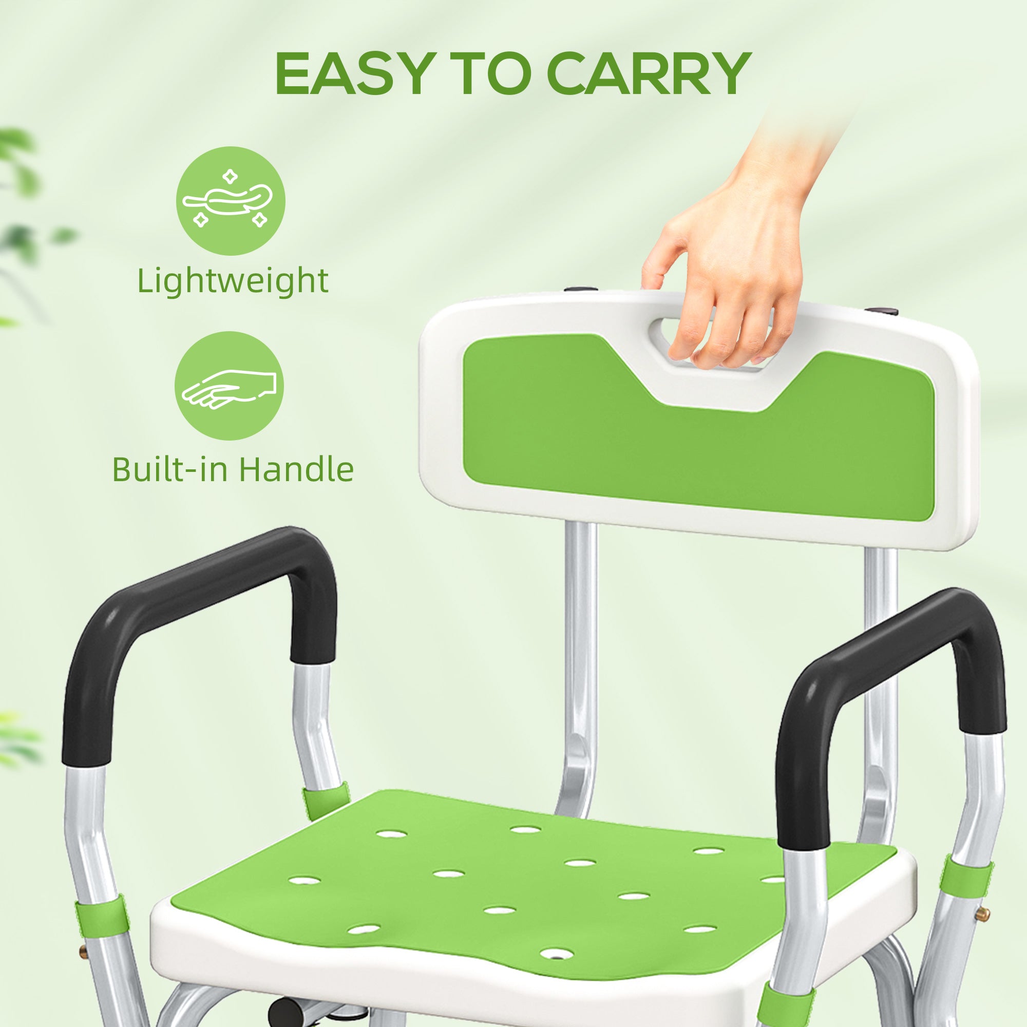 HOMCOM EVA Padded Shower Chair for the Elderly and Disabled, Height Adjustable Shower Stool with Back and Arms, 4 Suction Foot Pads, Green