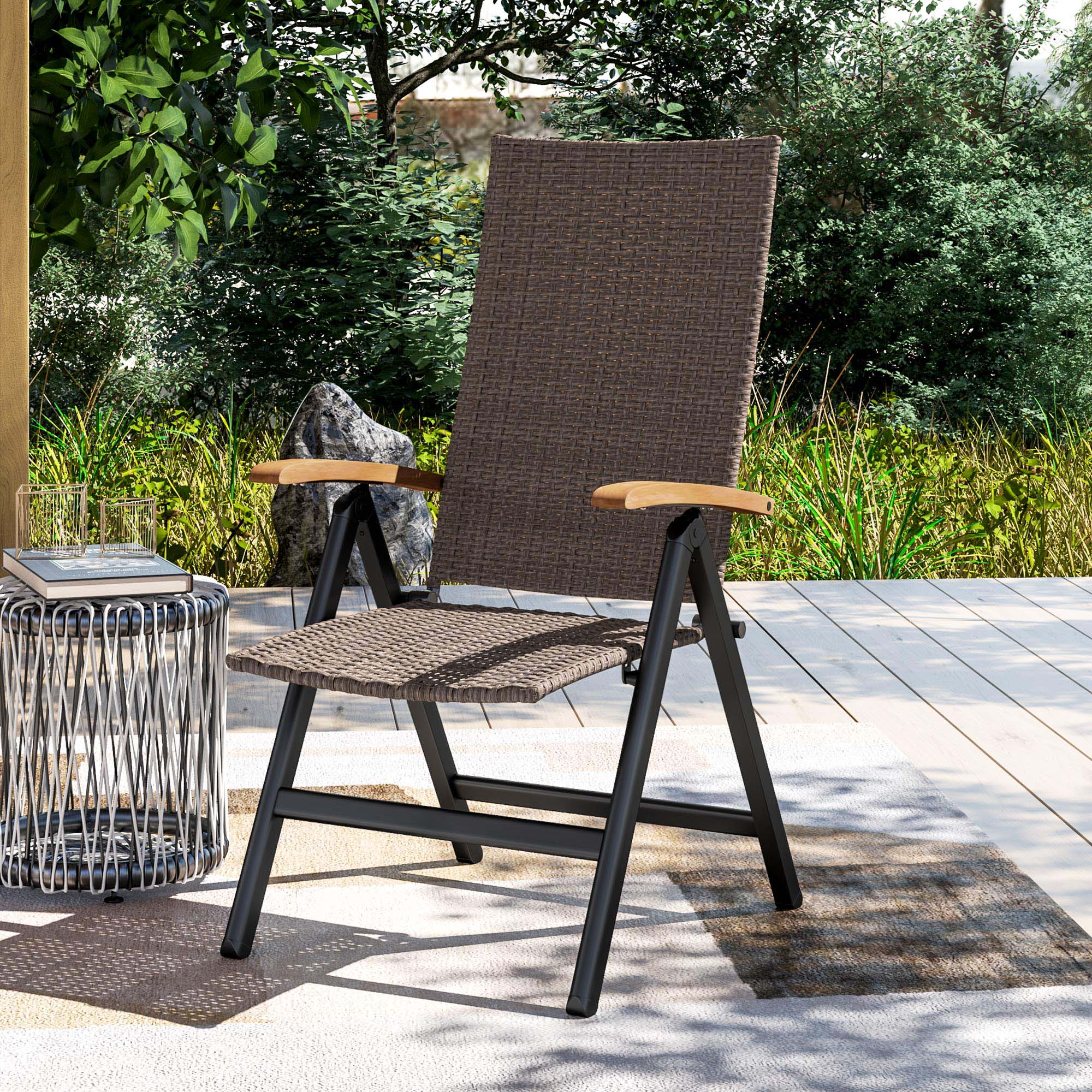 Outsunny Outdoor Folding Rattan Chair with Armrests, High Backrest, for Garden, Camping, Balcony, Porch - Brown - North Peak Garden Furniture