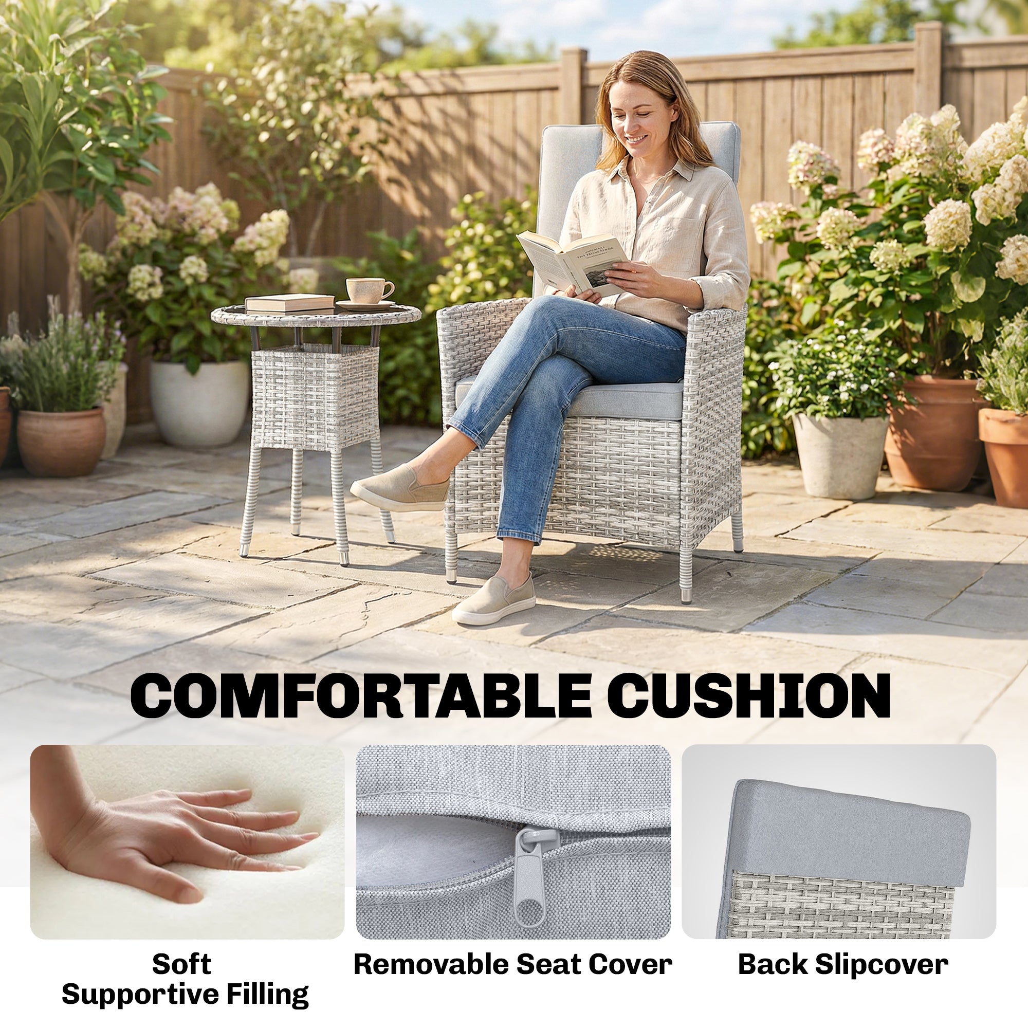Outsunny Rattan Bistro Set, Reclining Garden Chairs and Glass Coffee Table with Cushions for Patio Balcony Porch, Light Grey