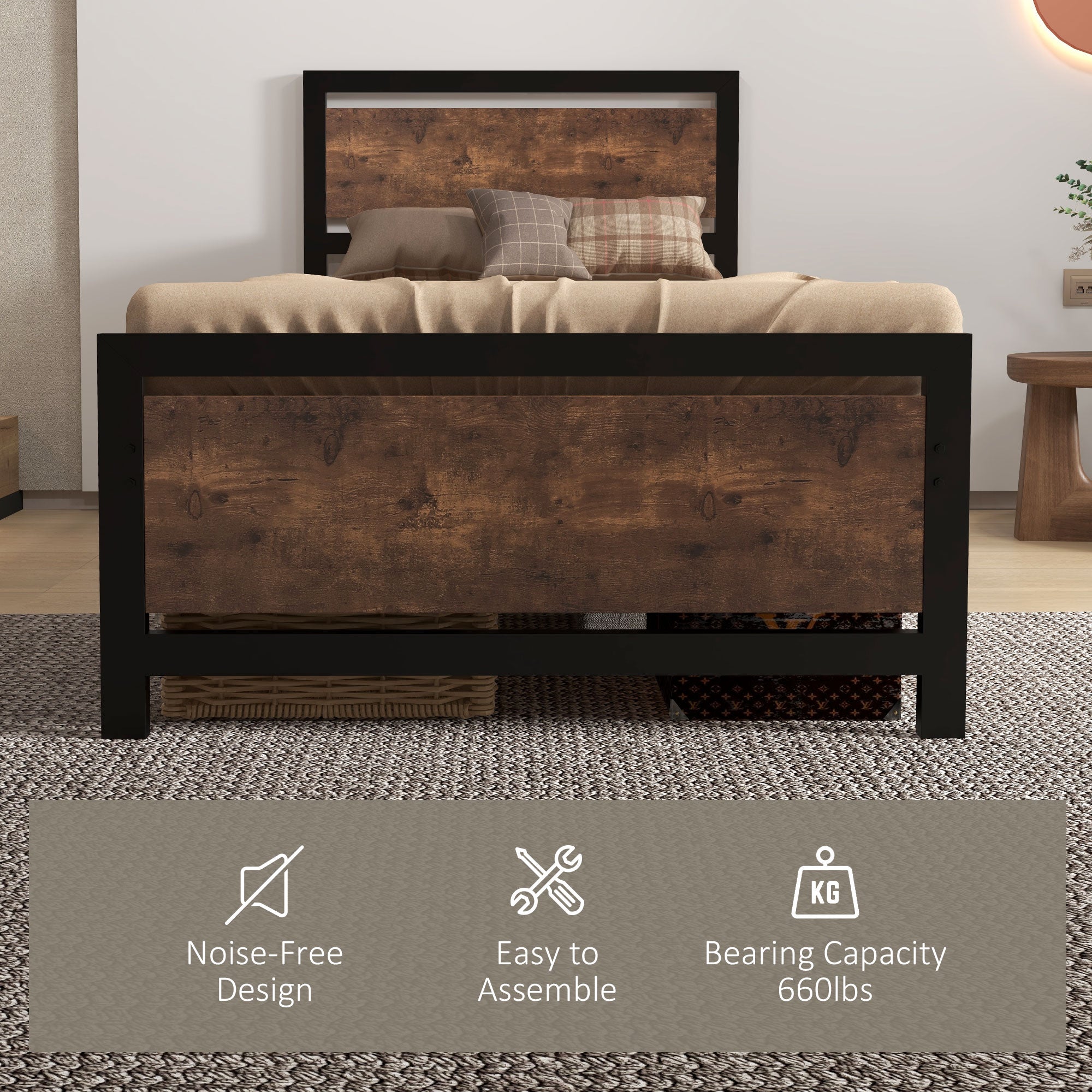 HOMCOM Single Size Metal Bed Frame with Headboard & Footboard, Strong Slat Support Solid Bedstead Base w/ Underbed Storage Space, Bedroom Furniture For Adults - North Peak Garden Furniture