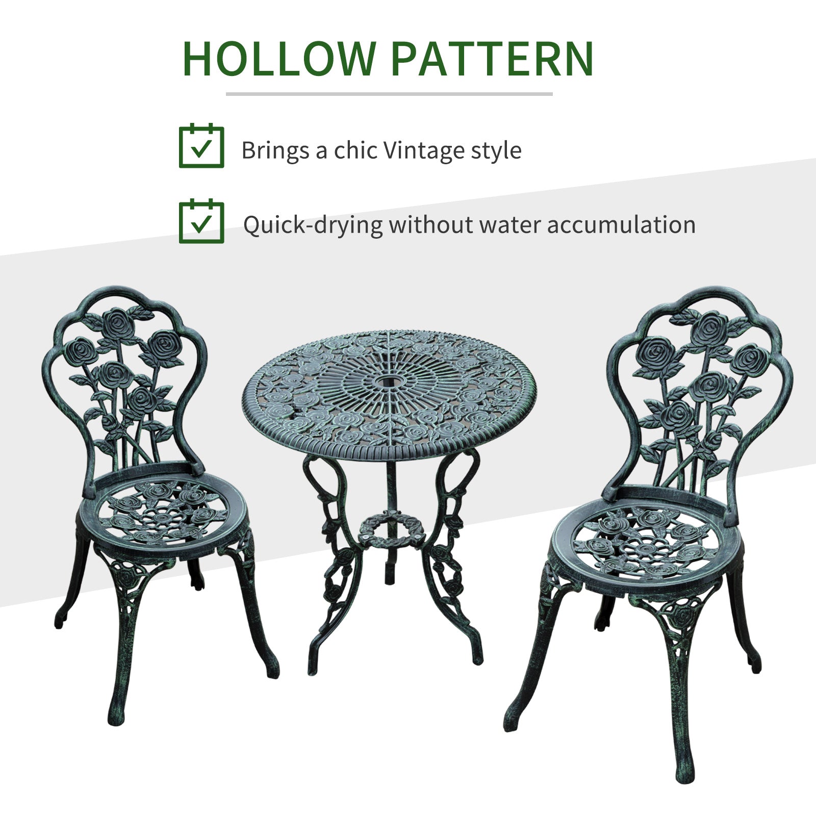 Outsunny Cast Aluminium Outdoor Patio Garden Bistro Elegant Design Table Chair Set - Green (3-Piece) - North Peak Garden Furniture