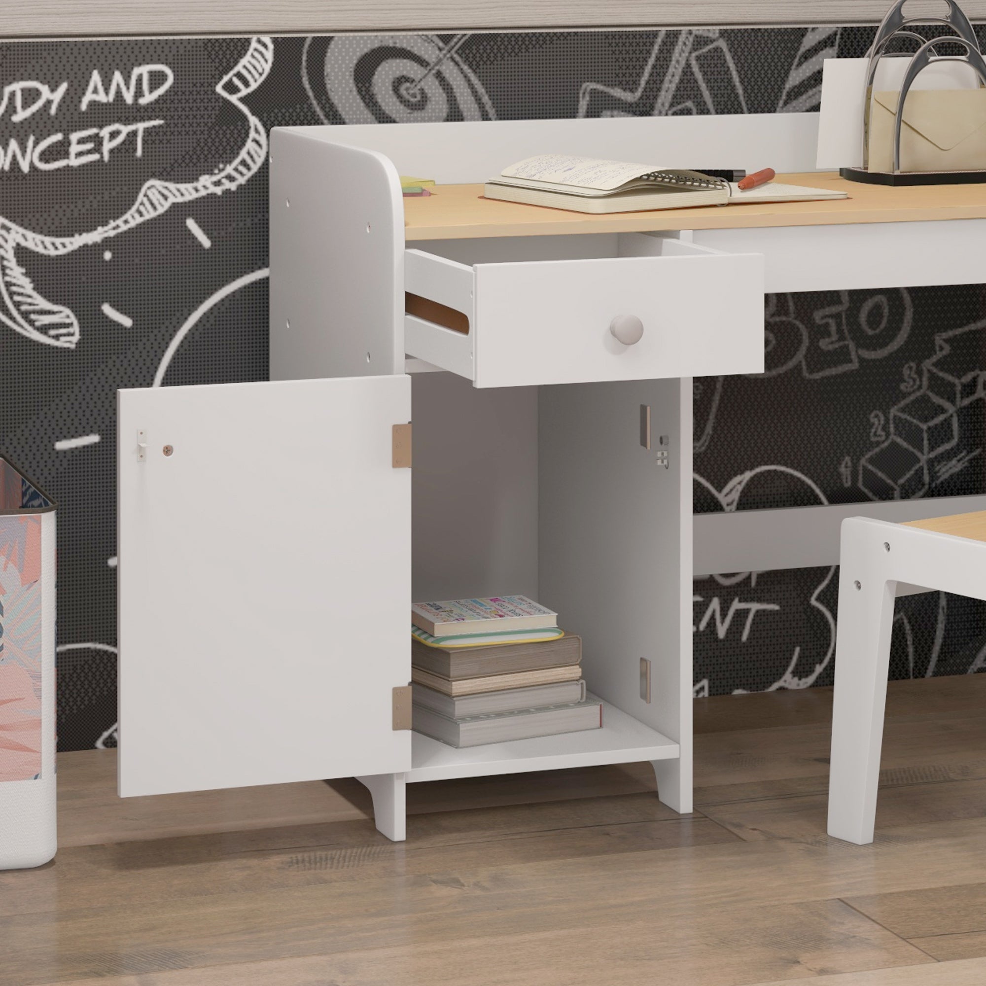 ZONEKIZ Kids Desk and Chair Set for 3-6 Years with Storage Drawer, Study Table and Chair for Children - White - North Peak Garden Furniture