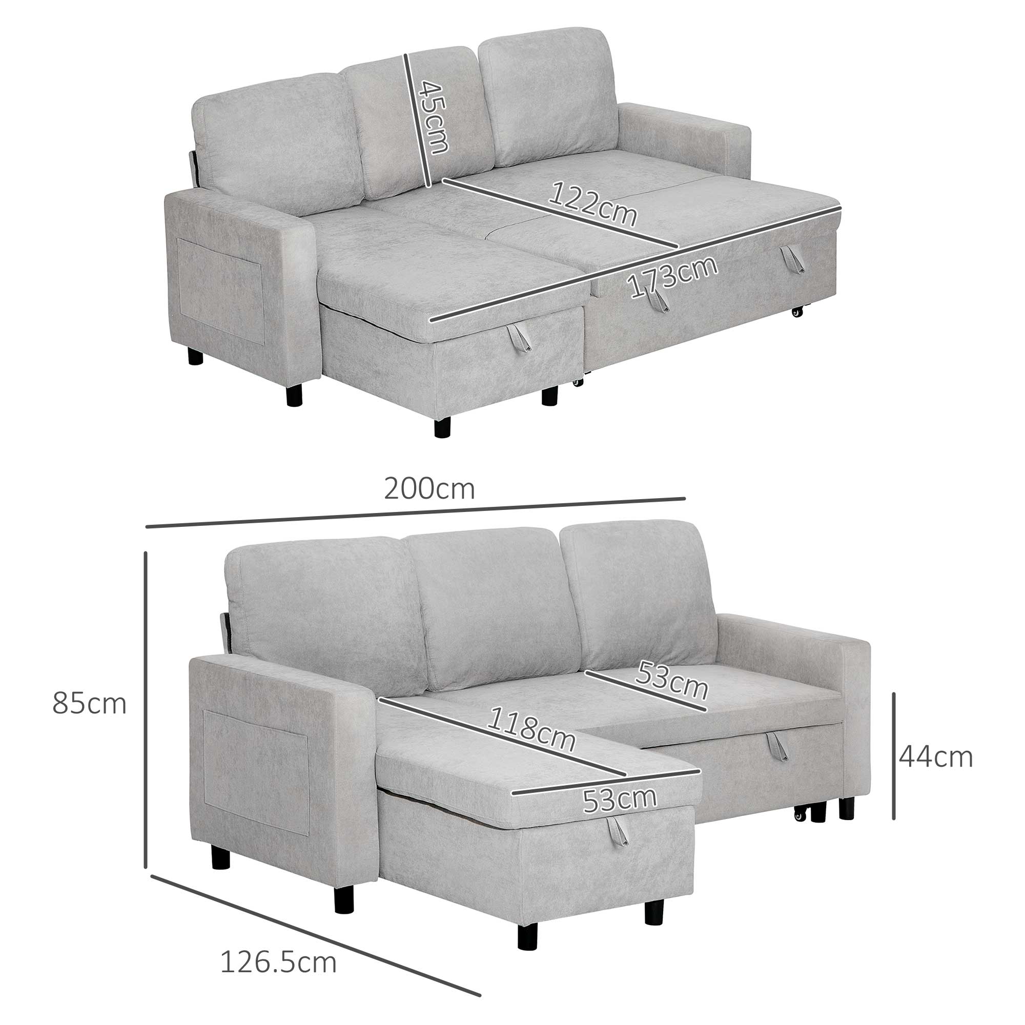 HOMCOM L Sofa Bed, with Storage - Light Grey