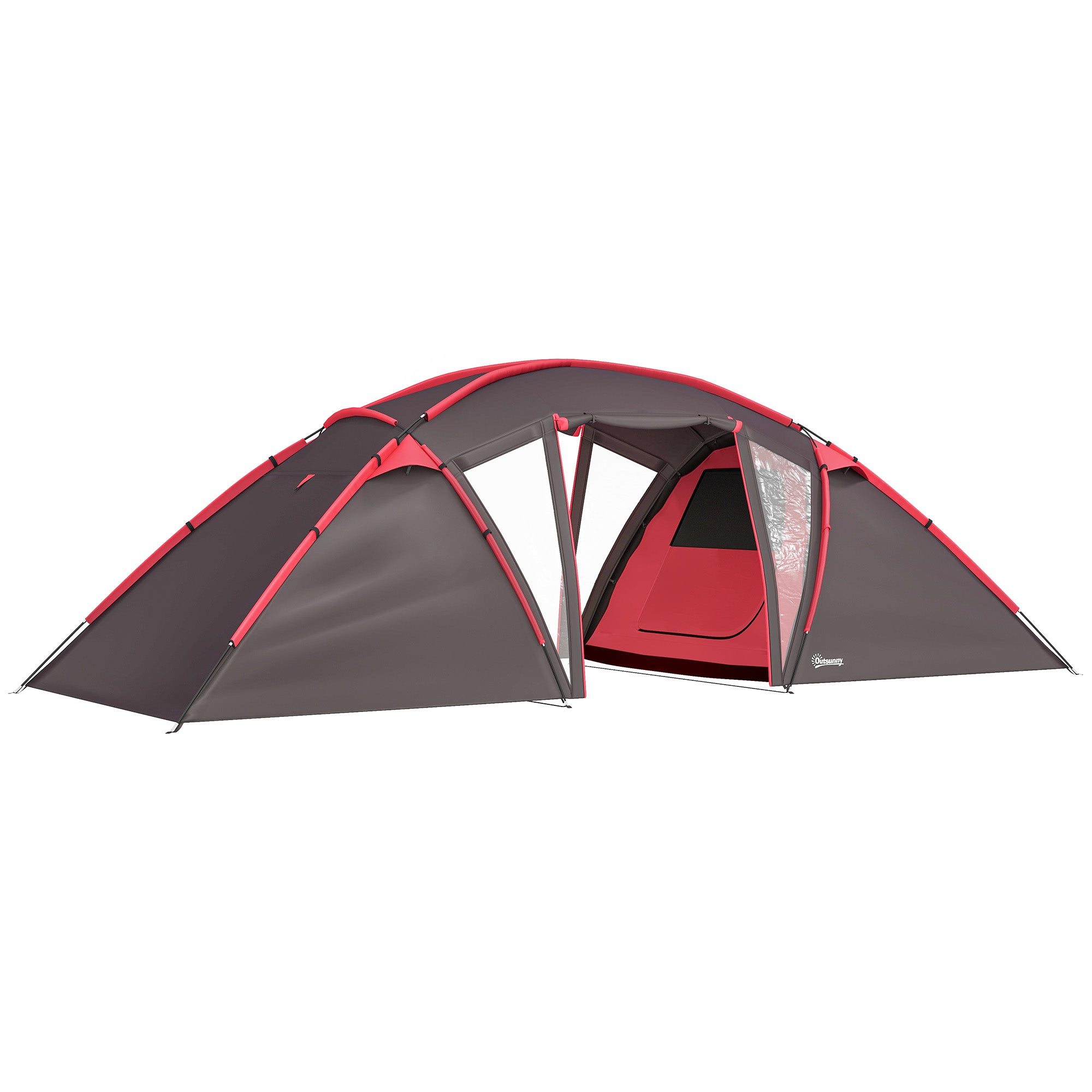Outsunny 4-6 Man Family Camping Tent w/ 2 Bedrooms and a Living Room, Waterproof Tunnel Tent w/ Sewn In Groundsheet, Doors, Windows, Carry Bag, Grey - North Peak Garden Furniture