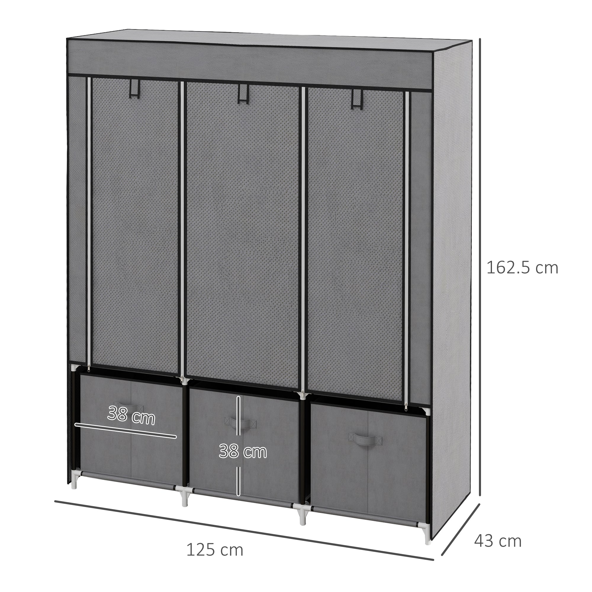 HOMCOM Fabric Wardrobe for Bedroom, Portable Wardrobe with 5 Shelves, 2 Hanging Rails and 3 Fabric Drawers, Foldable Closet, 125 x 43 x 162.5cm, Dark Grey - North Peak Garden Furniture