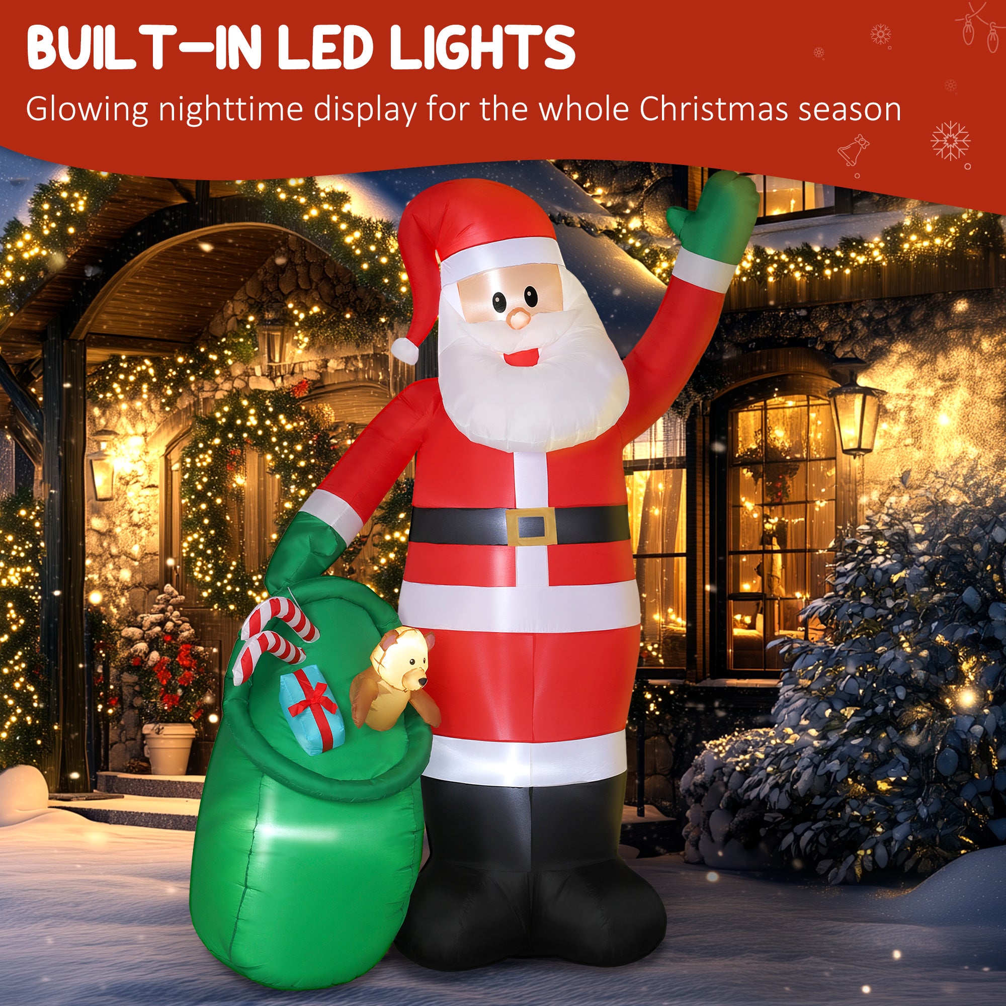 Outsunny 9ft/275 cm Christmas Inflatable Santa with Bear Sack, Giant Christmas Blow Up Decoration with Built-in LED Lights for Garden, Indoor Outdoor Home Decor