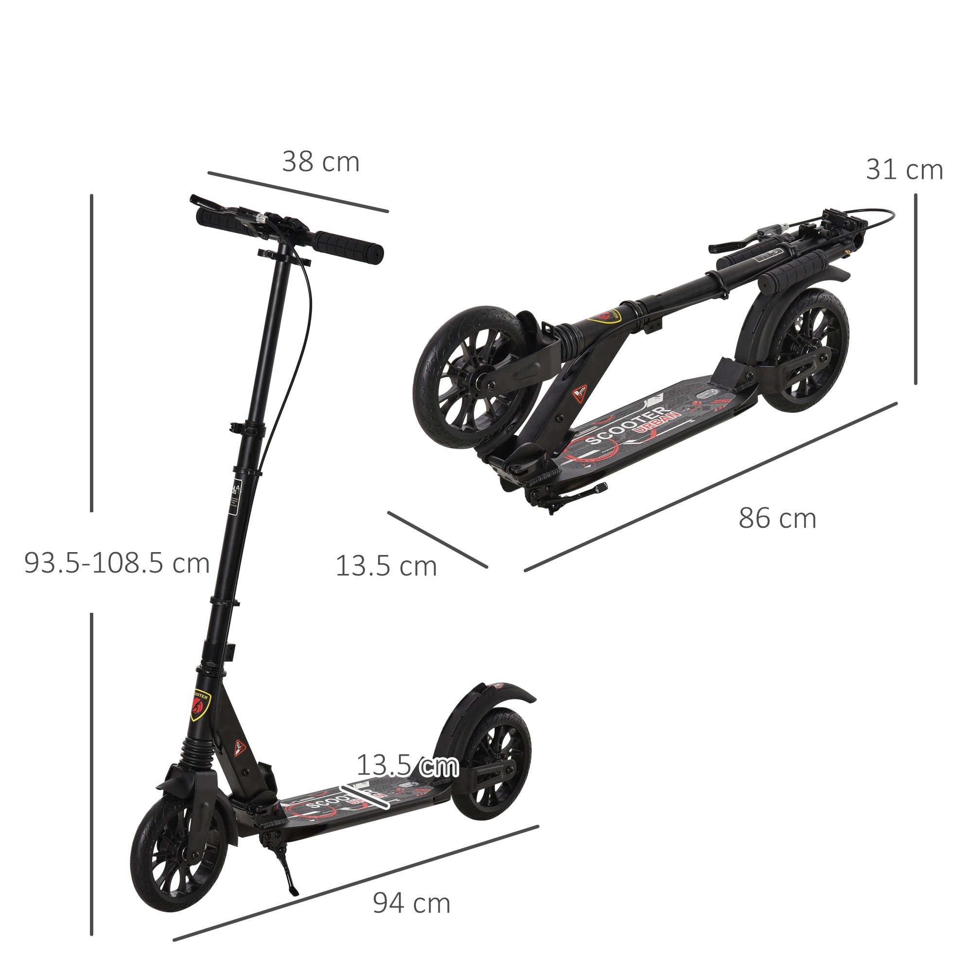HOMCOM Adult Teens Kick Scooter Foldable Height Adjustable Aluminum Ride On Toy for 14+ with Rear Wheel & Hand Brake, Shock Mitigation System - Black - North Peak Garden Furniture