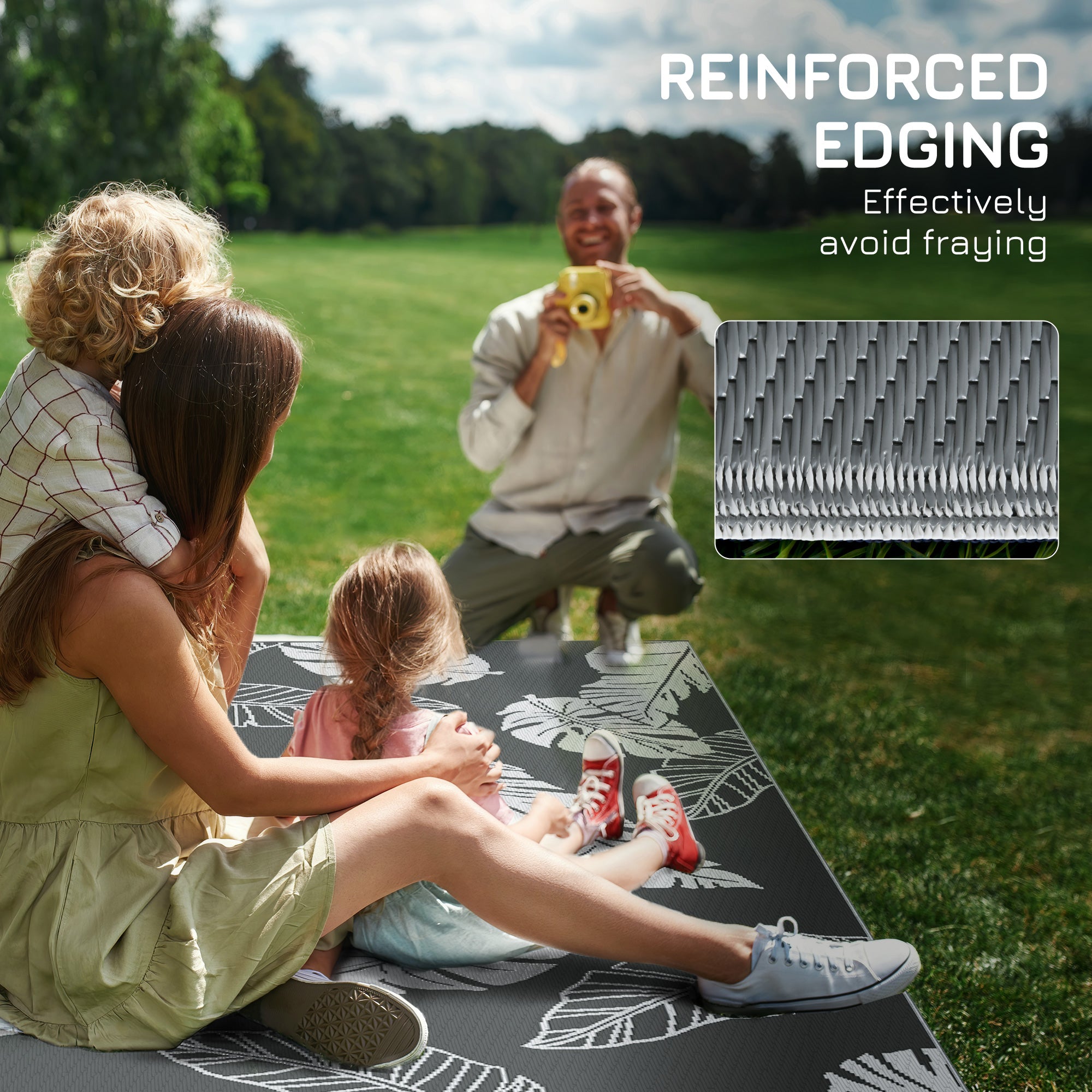 Outsunny Plastic Straw Reversible RV Outdoor Rug with Carry Bag, 182 x 274cm, Grey and White - North Peak Garden Furniture
