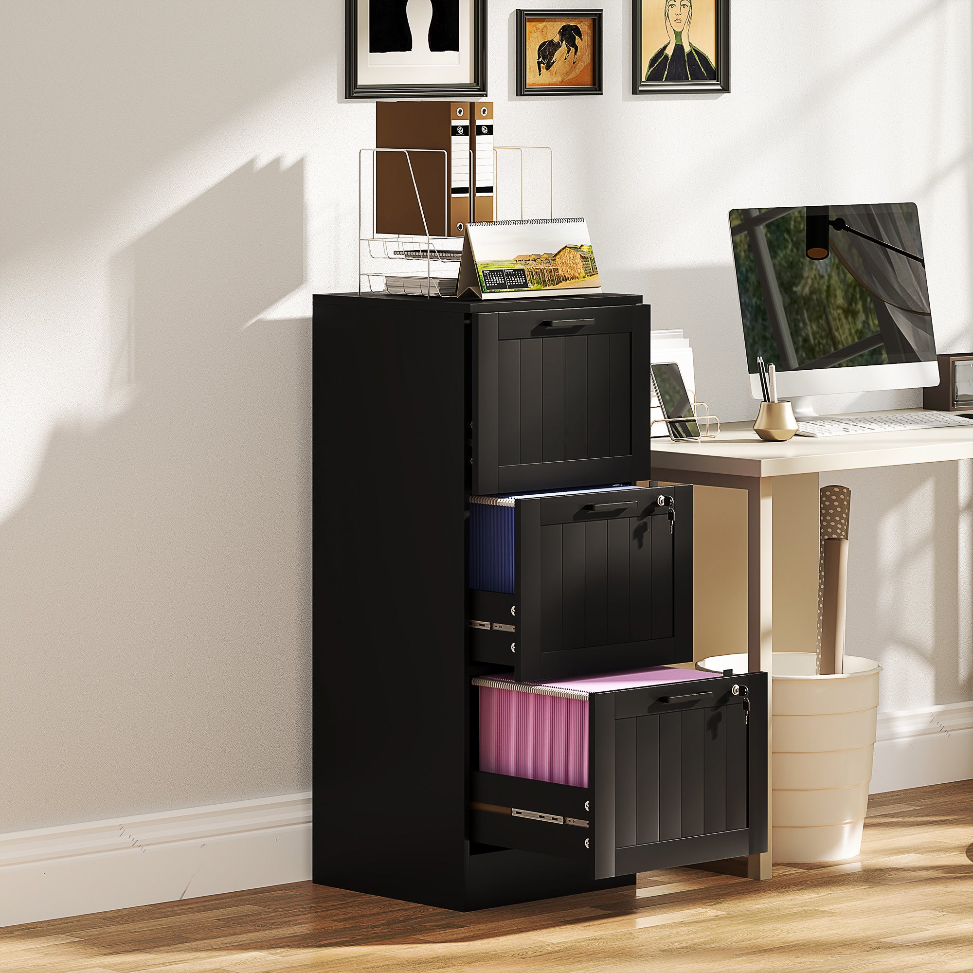 HOMCOM 3 Drawer Filing Cabinet with Lock, Office Storage Cabinet with Adjustable Hanging Bars for A4 Letter Size Files, Black