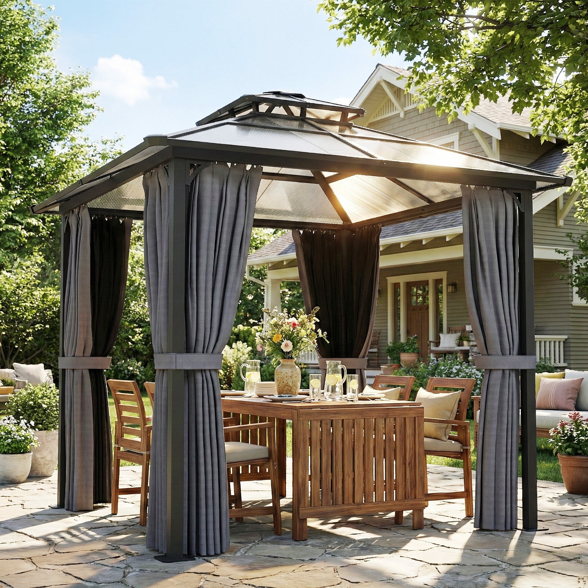 Outsunny 2.5 x 2.5 m Hardtop Gazebo Canopy with Double PC Roof, Drainage Gutters, Garden Gazebo Permanent Pavilion, Dark Grey