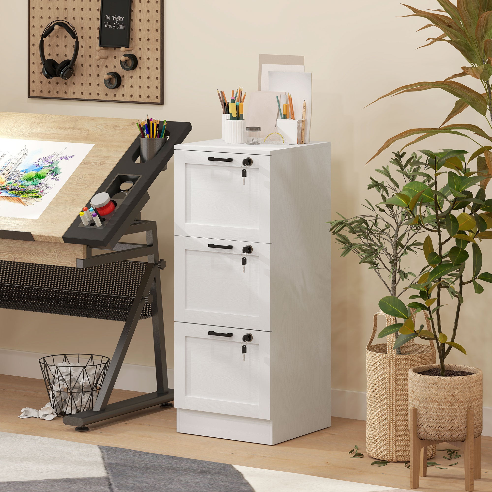 HOMCOM 3-Drawer Filing Cabinet with Lock - White - North Peak Garden Furniture