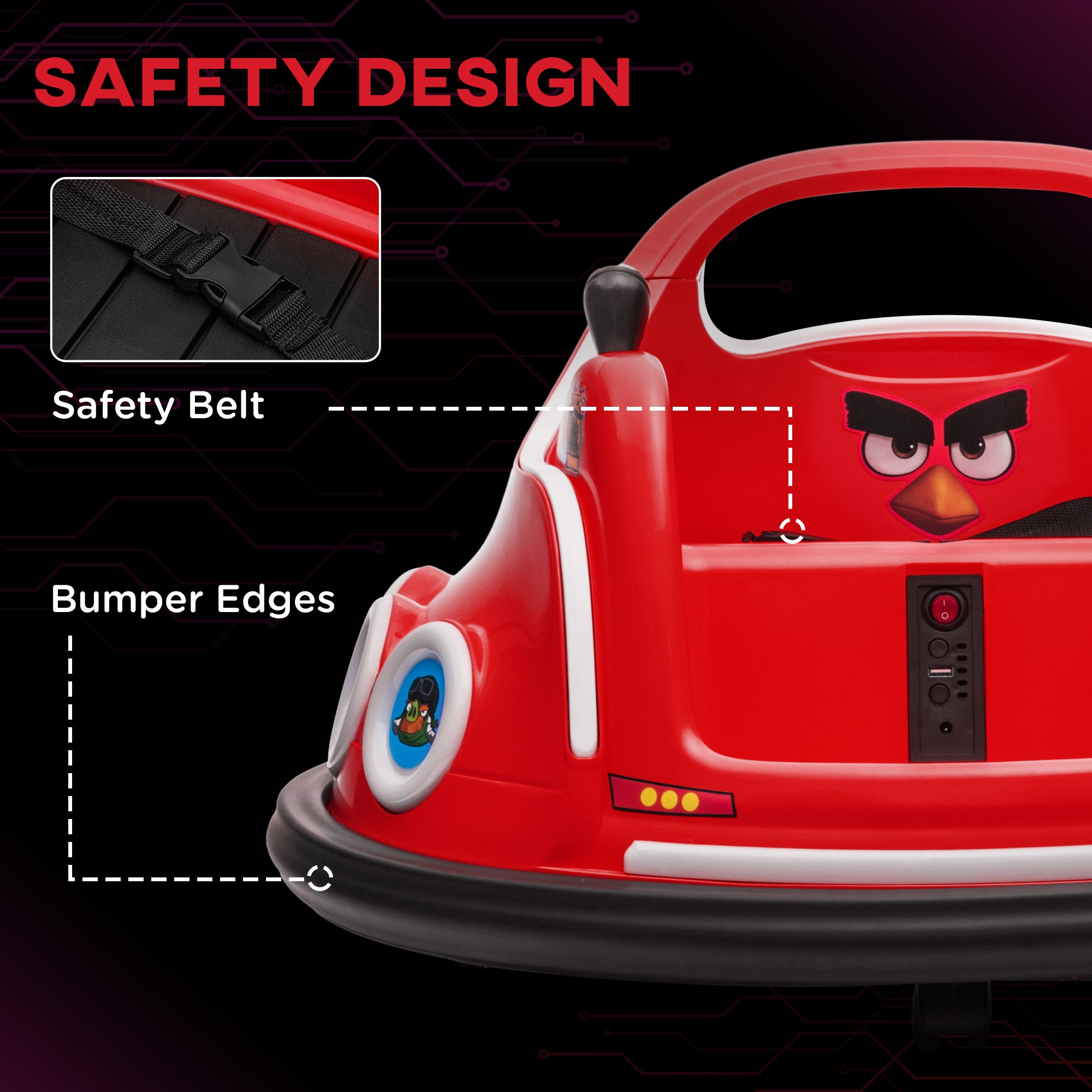 AIYAPLAY Angry Bird Licensed Waltzer Car, 12V Kids Bumper Car w/ Joysticks, Remote, Music LED Lights - Red - North Peak Garden Furniture