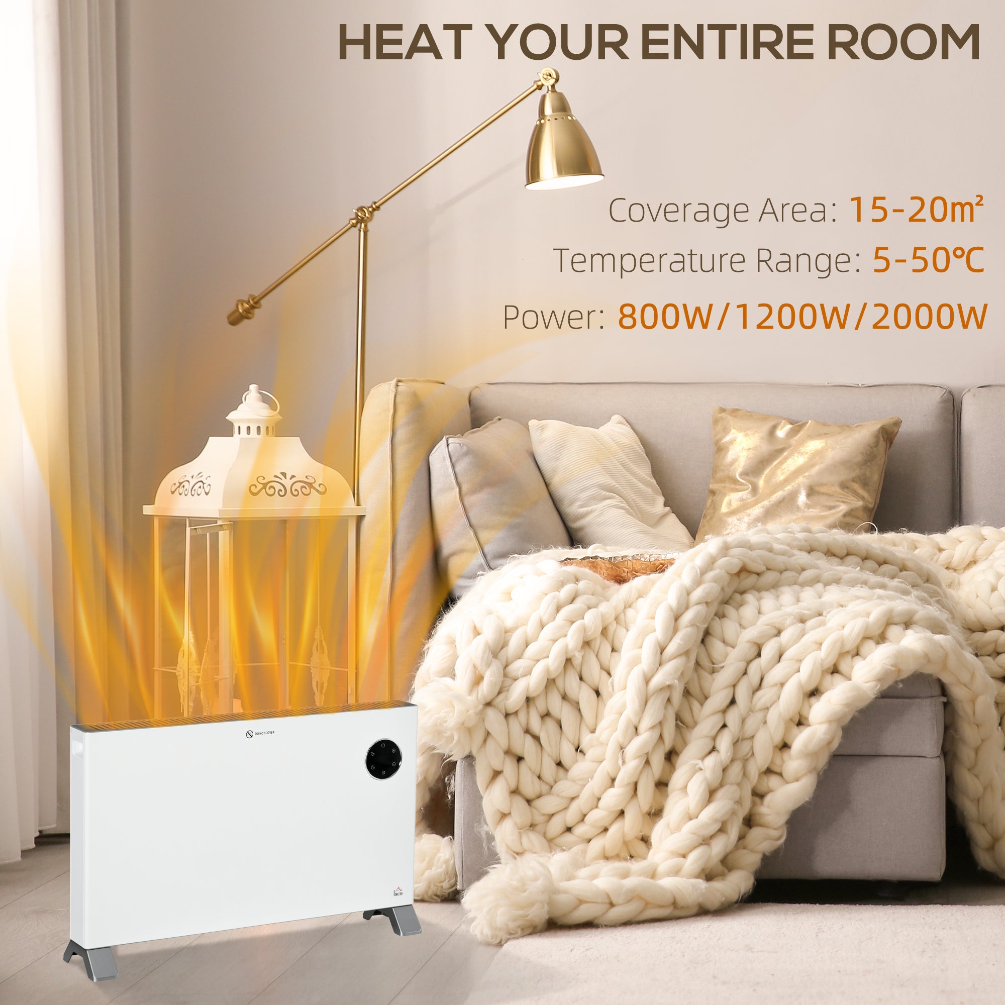 HOMCOM 2000W Electric Convector Heater, Freestanding Space Heater with 3 Heat Settings, Adjustable Thermostat, Timer, White - North Peak Garden Furniture