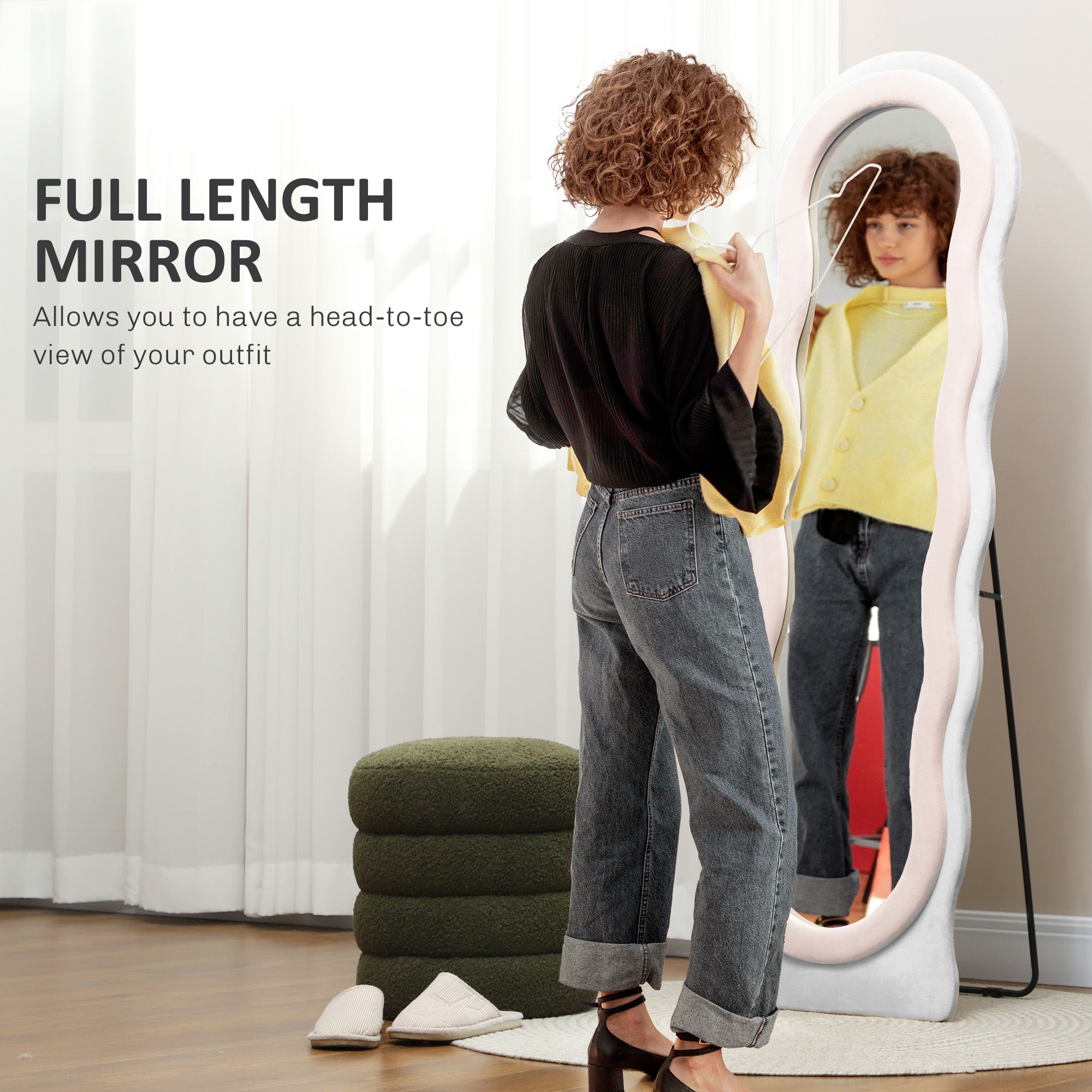 HOMCOM Wavy Velvet-Feel Full Length Mirror - Pink - North Peak Garden Furniture