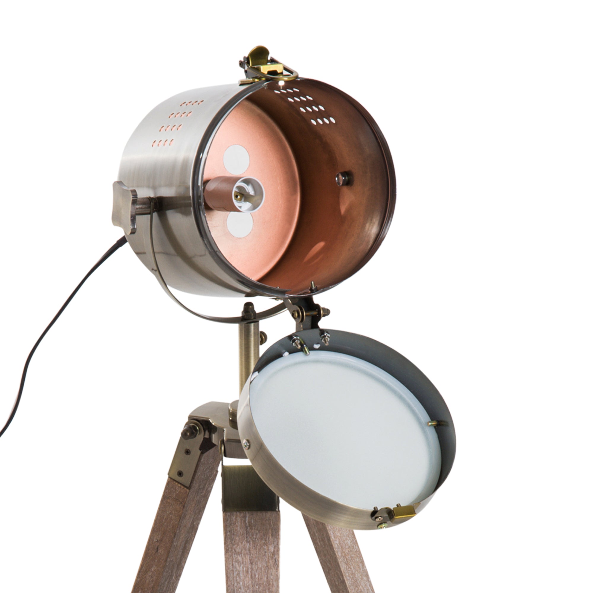 HOMCOM Vintage Tripod Table Desk Lamp Bedside Light Spotlight Brass Antique Searchlight Wooden Base - North Peak Garden Furniture