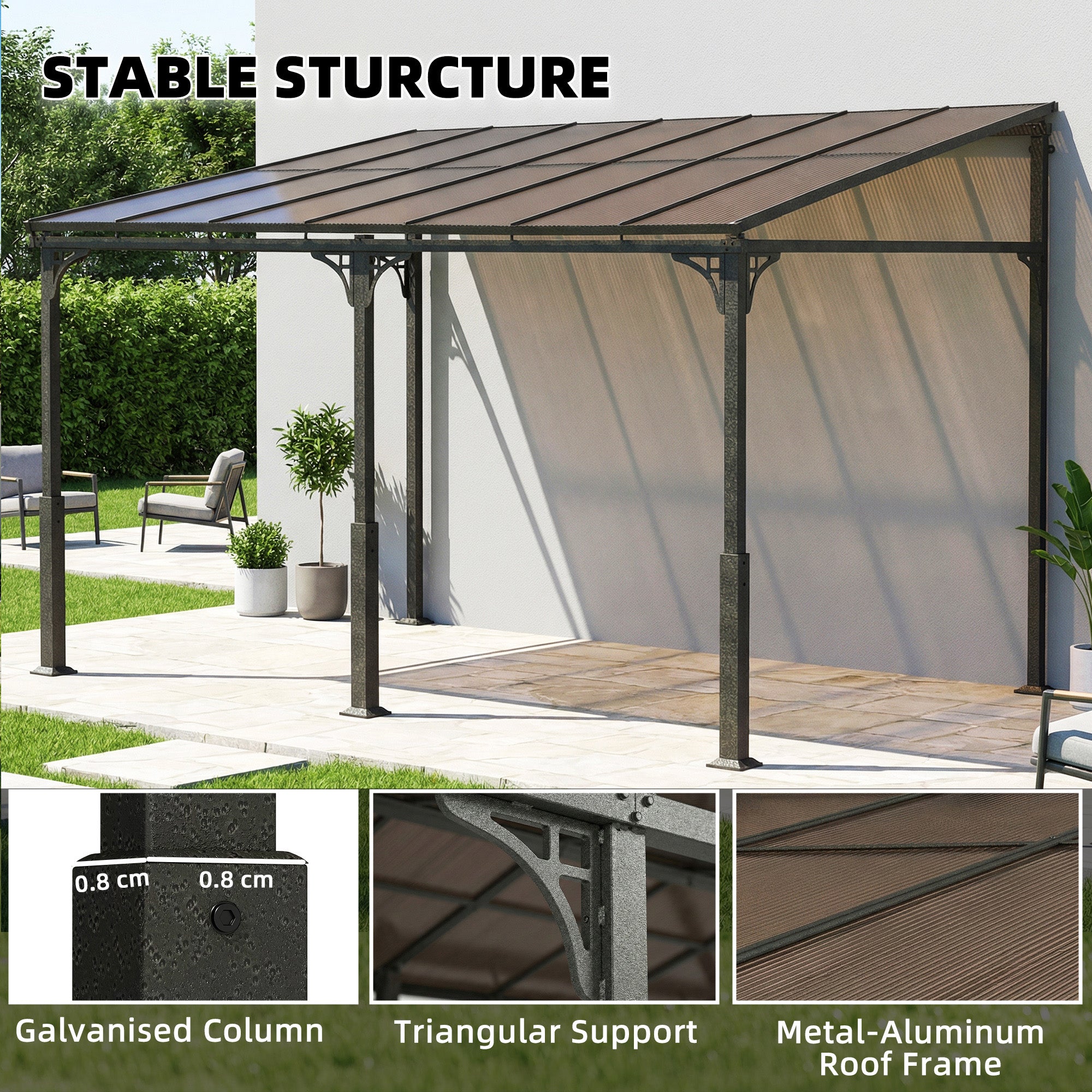 Outsunny 4 x 3 m Metal Lean-to Pergola, Wall-Mounted Garden Pergola with Polycarbonate Roof and Metal-Aluminium Frame, Heavy Duty Hardtop Gazebo for Outdoor Patios, BBQ, Brown