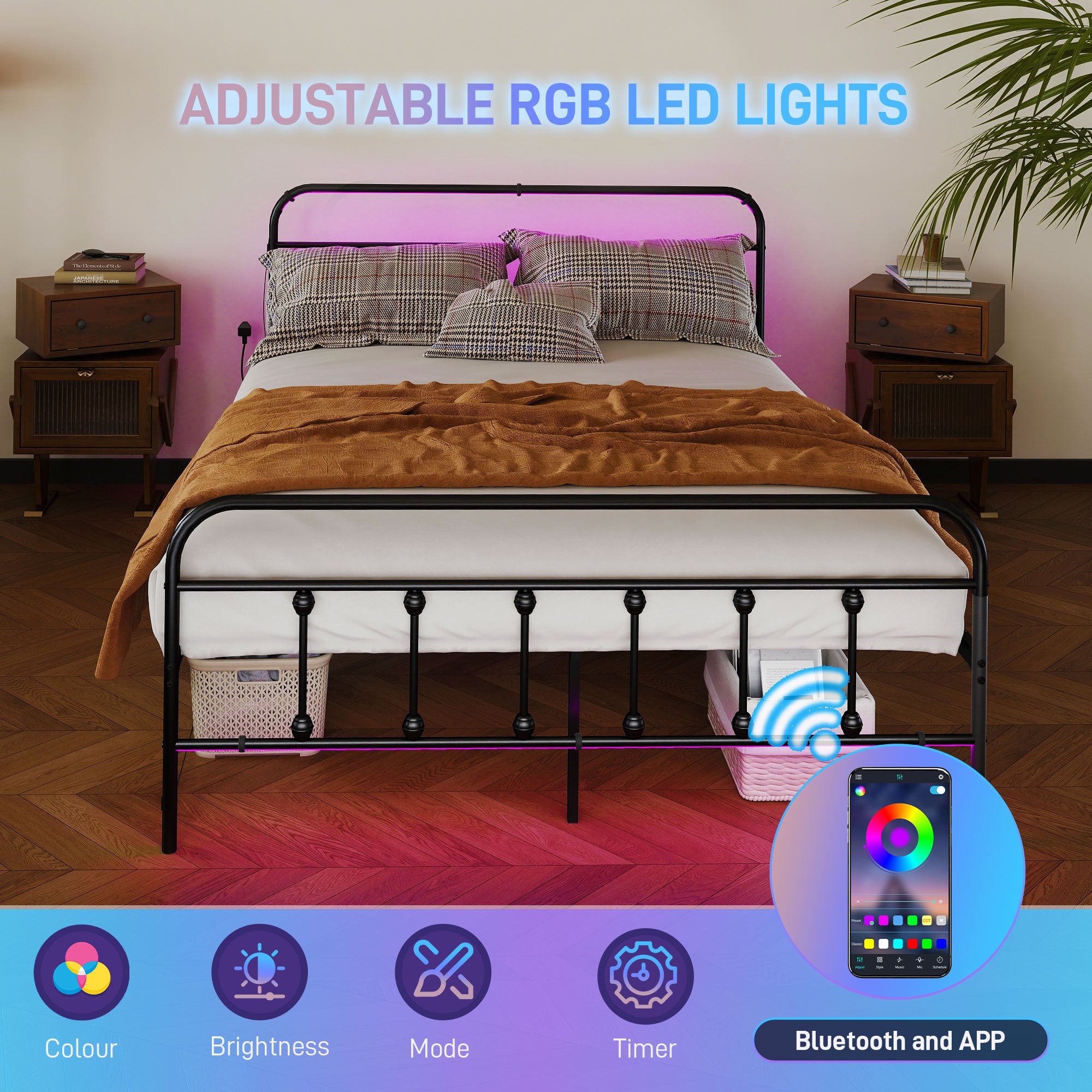 HOMCOM King Bed Frame with LED Lights and Charging Station, Metal Platform Bed Frame with Under Bed Storage, Black - North Peak Garden Furniture