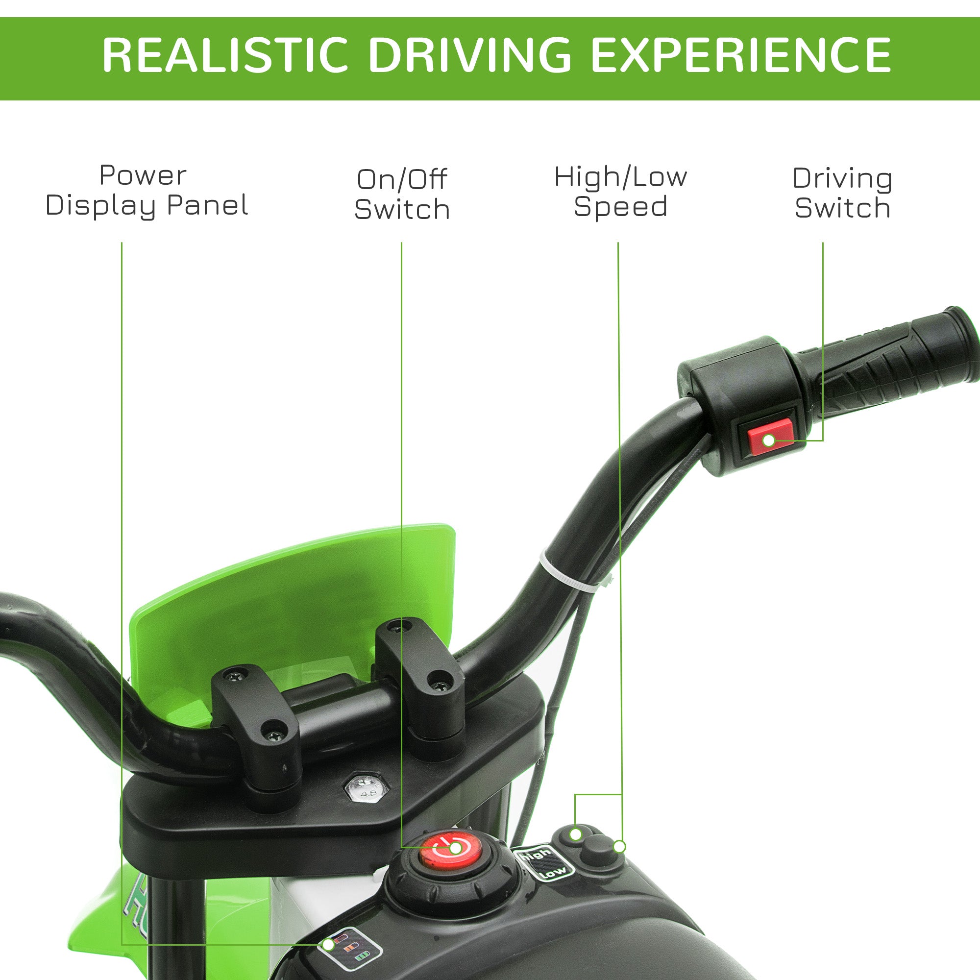 HOMCOM 12V Kids Electric Motorcycle Ride-On, with Training Wheels, for Ages 3-6 Years - Green - North Peak Garden Furniture