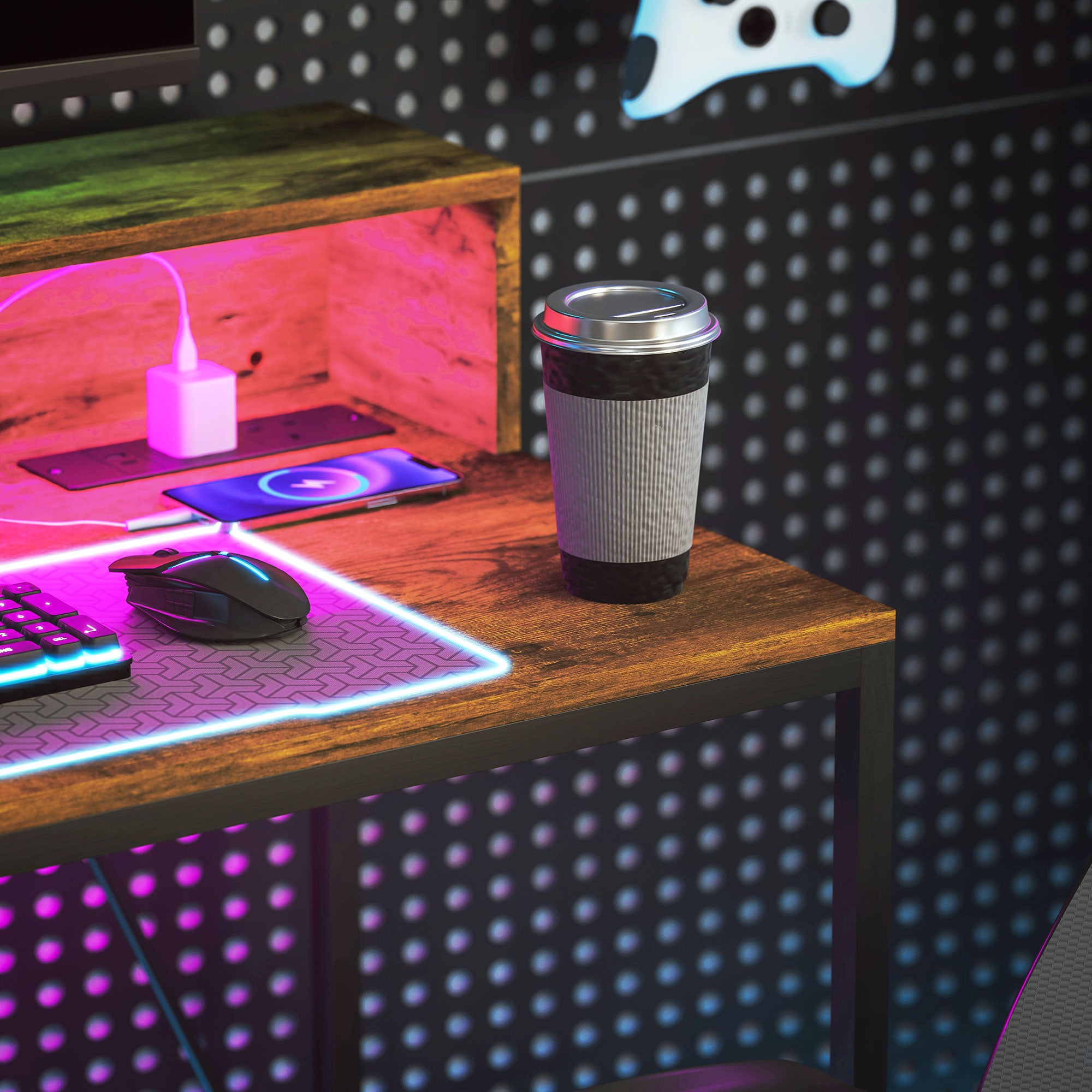 HOMCOM Computer Desk with LED Lights and Power Outlets, Gaming Desk with Monitor Stand, Computer Table with Remote for Home Office Study, Rustic Brown - North Peak Garden Furniture
