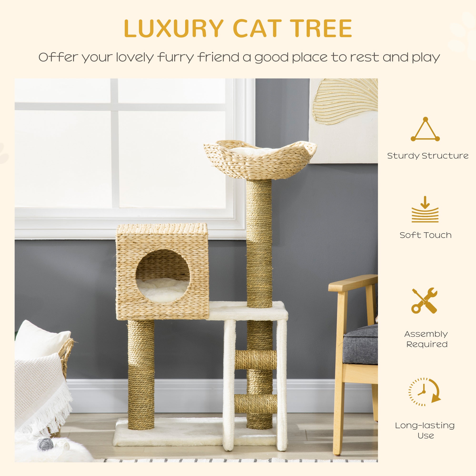 PawHut Cat Tree, with Scratching Posts, Bed, Cat House - Natural Finish - North Peak Garden Furniture