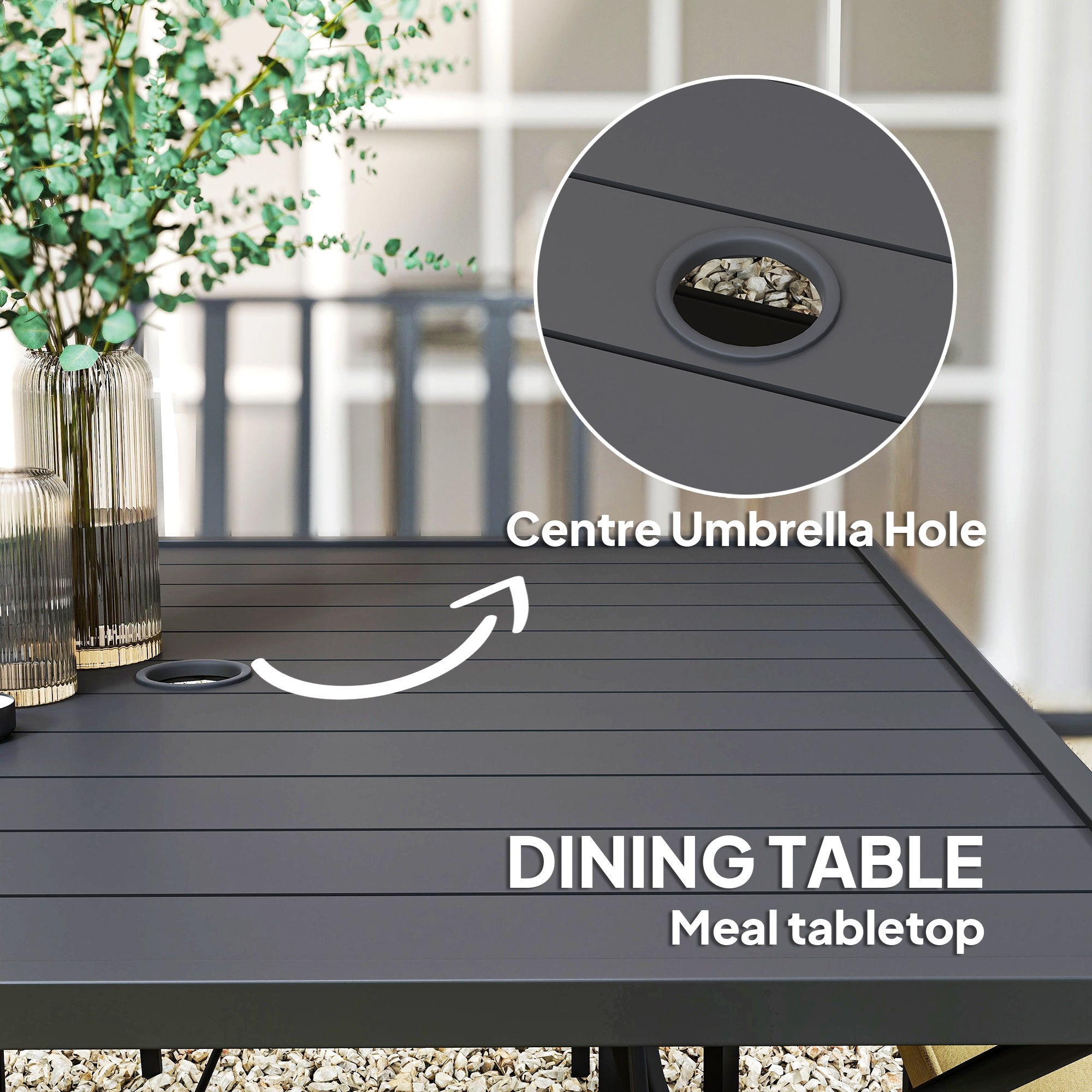 Outsunny 5 Pieces Garden Dining Set with Cushions, Outdoor Patio Table and 4 Stackable Chairs, Metal Top Table with Umbrella Hole, Black - North Peak Garden Furniture