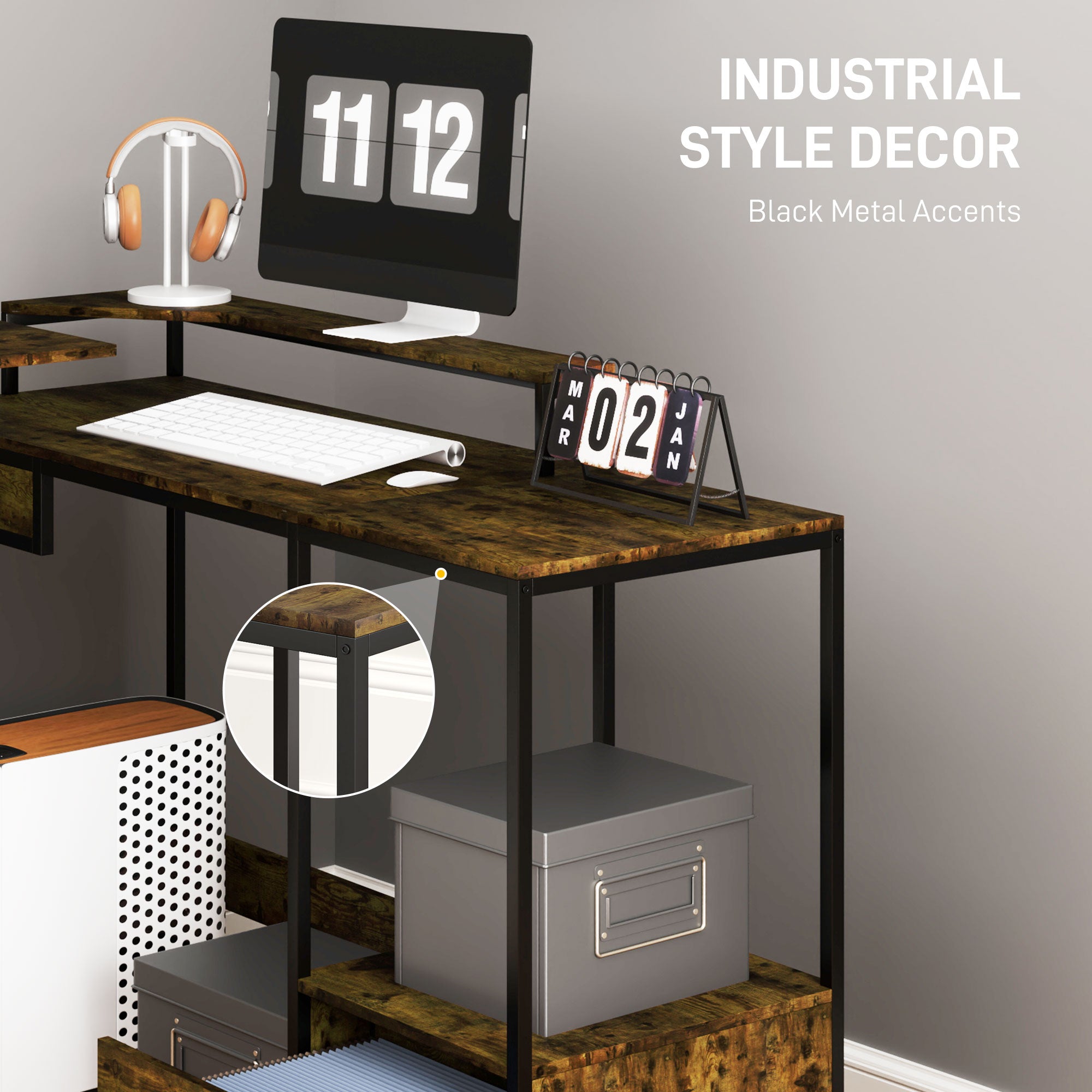 HOMCOM L Shaped Desk, Computer Desk with Liftable Desktop, Industrial Corner Desk with Drawer for A4/Letter Size, Home Office Desk with Monitor Stand for Home Office, Rustic Brown - North Peak Garden Furniture