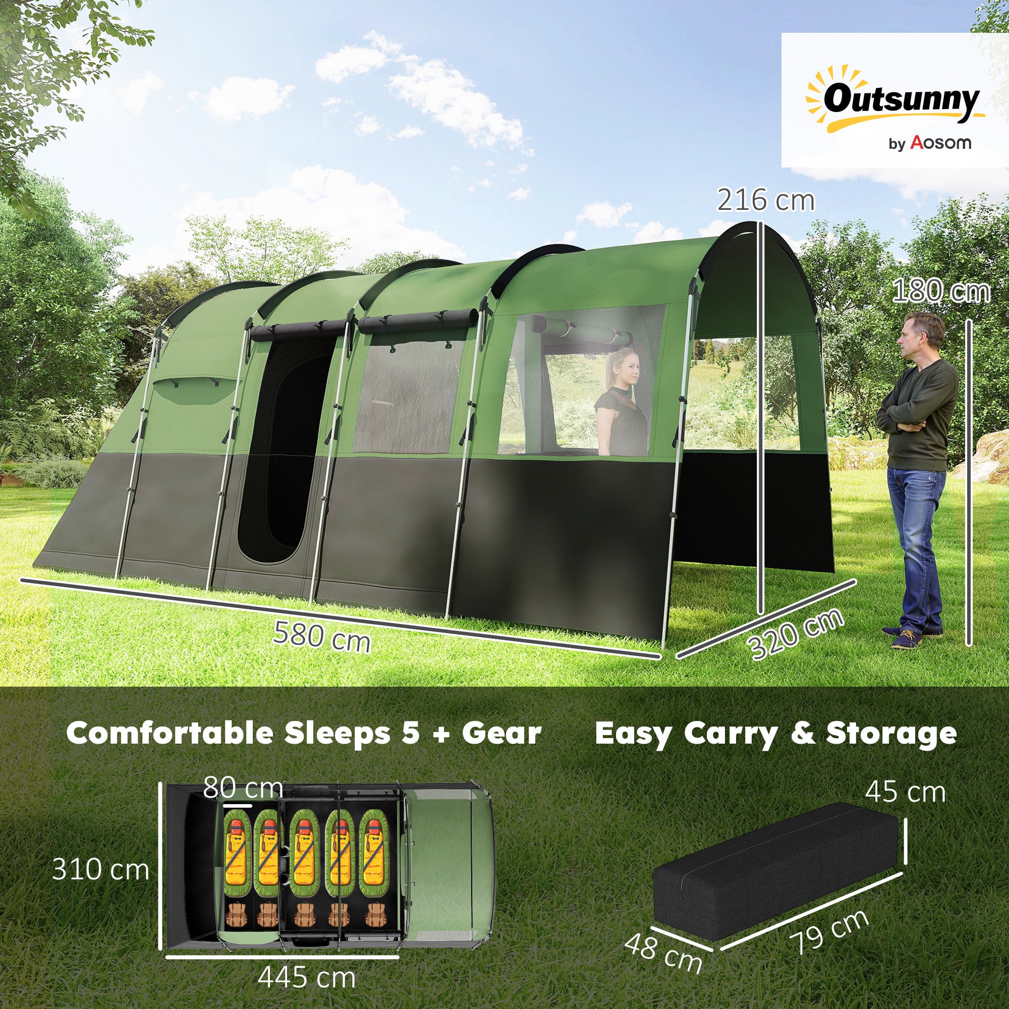 Outsunny 8-Person Camping Tent, Waterproof Family Tent, Tunnel Design, 4 Large Windows, Sleeping Cabins 3000mm Water Column Green - North Peak Garden Furniture